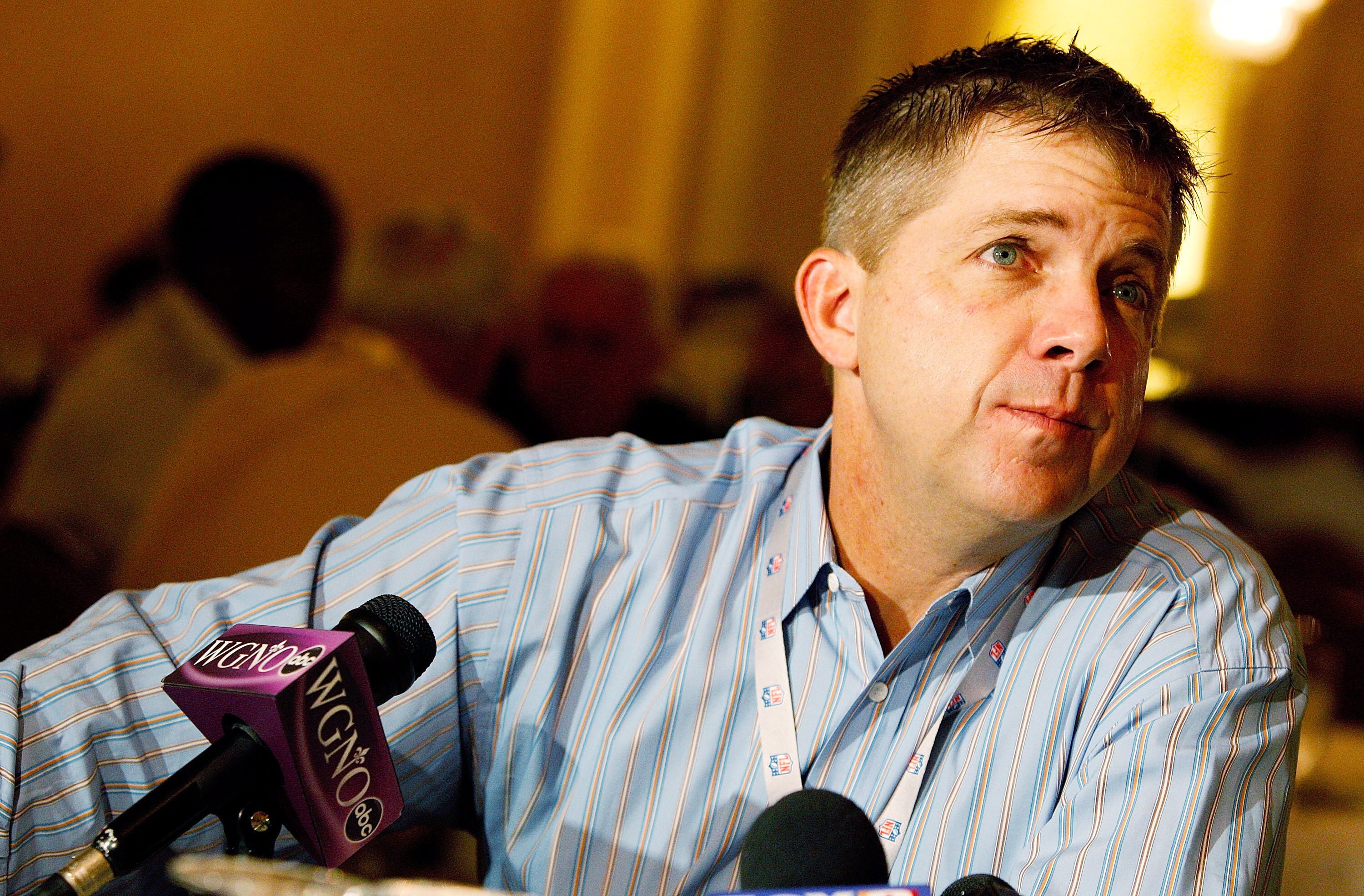 NEW ORLEANS, LA - MARCH 22:  New Orleans Saints head coach Sean Payton answers questions from the media during the NFL Annual Meetings at the Roosevelt Hotel on March 22, 2011 in New Orleans, Louisiana. Despite a NFL owners imposed lockout in effect since