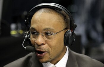 INDIANAPOLIS, IN - MARCH 10:  Big Ten Network announcer Gus Johnson calls the game between the Penn State Nittany Lions and the Indiana Hoosiers during the first round of the 2011 Big Ten Men's Basketball Tournament at Conseco Fieldhouse on March 10, 2011