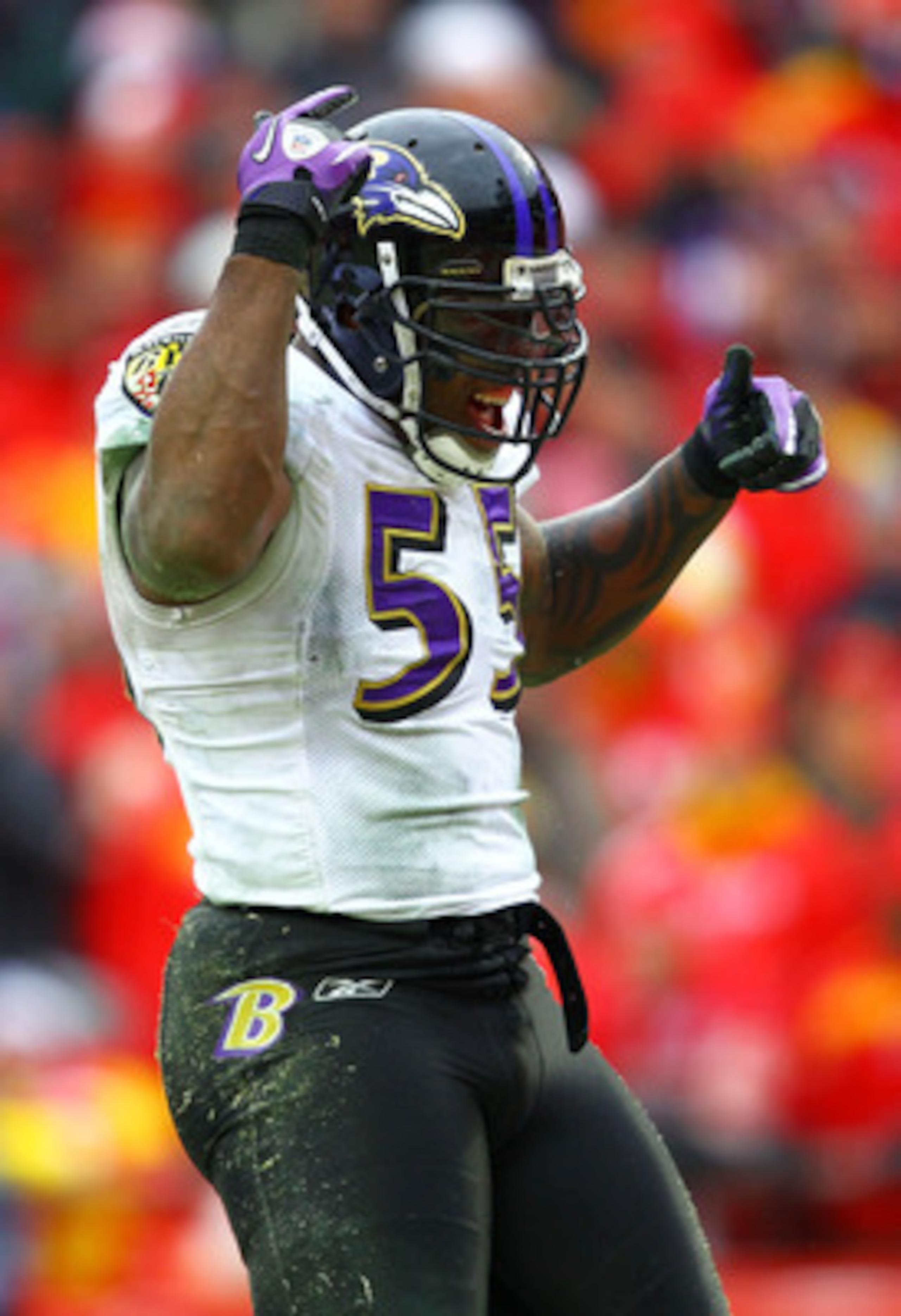 KANSAS CITY, MO - JANUARY 09:  Linebacker Terrell Suggs #55 of the Baltimore Ravens celebrates a play during their 2011 AFC wild card playoff game against the Kansas City Chiefs at Arrowhead Stadium on January 9, 2011 in Kansas City, Missouri.  (Photo by