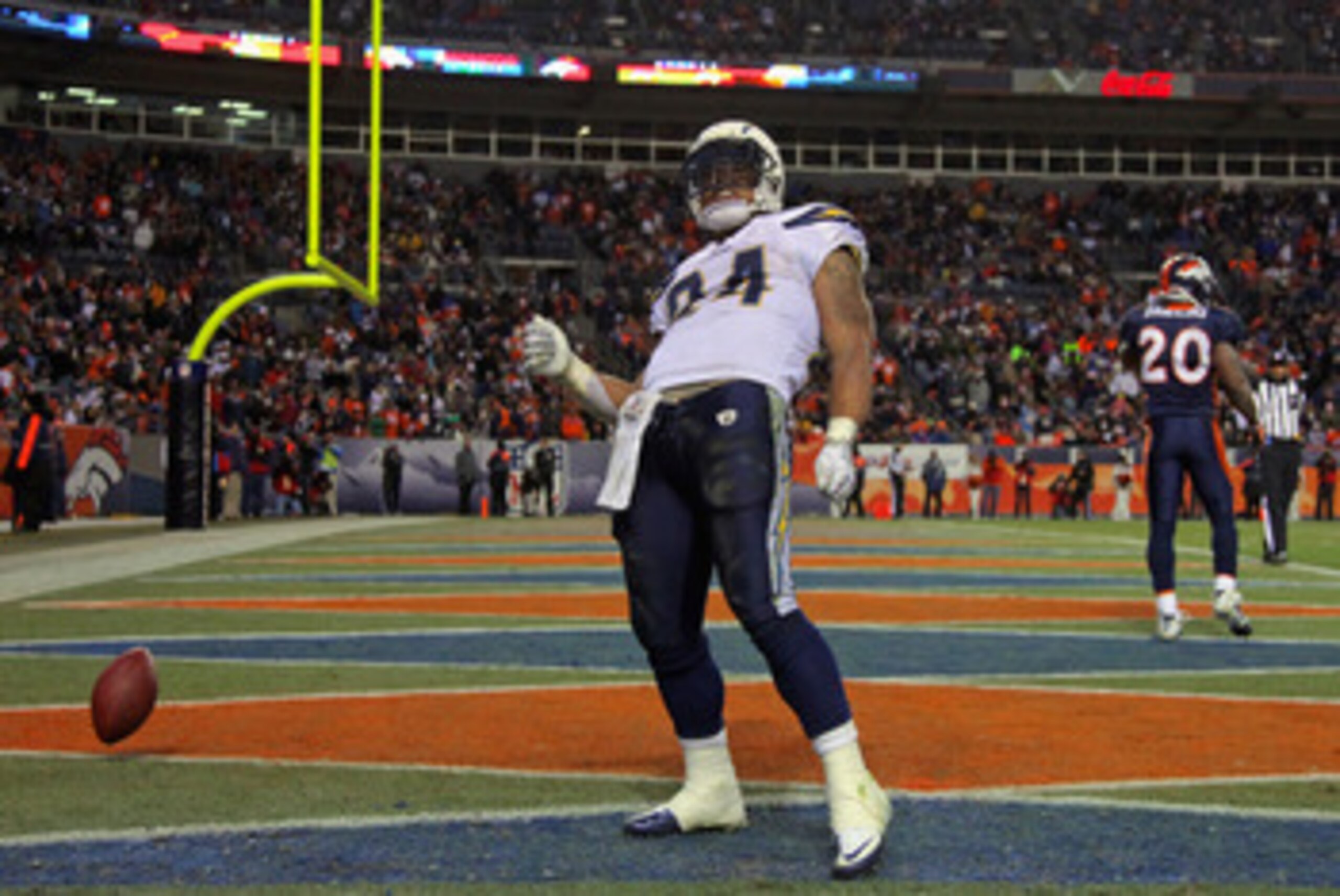 DENVER - JANUARY 02:  Running back Ryan Mathews #24 of the San Diego Chargers celebrates his 31 yard touchdown run on fourth down and one yard to go in the fourth quarter against the Denver Broncos at INVESCO Field at Mile High on January 2, 2011 in Denve