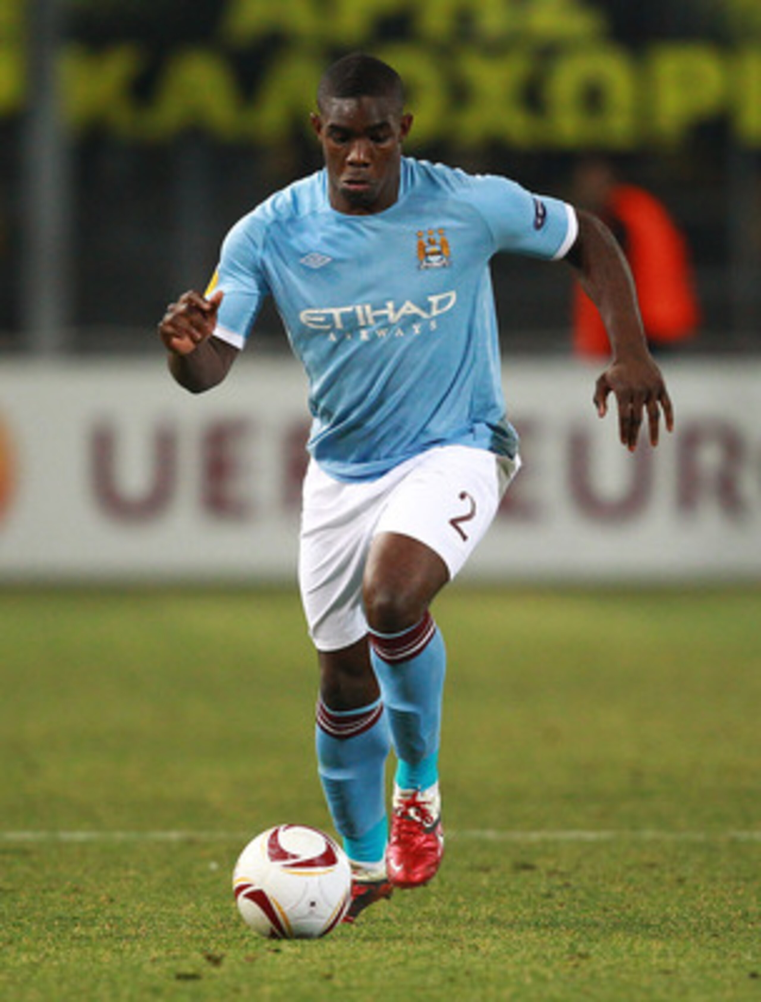 THESSALONIKI, GREECE - FEBRUARY 15: Micah Richards of Manchester City in action during the first leg round of 32 Europa League match between Aris Saloniki and Manchester City at Kleanthis Vikelidis stadium on February 15, 2011 in Thessaloniki, Greece. THESSALONIKI, GREECE - FEBRUARY 15: Micah Richards of Manchester City in action during the first leg round of 32 Europa League match between Aris Saloniki and Manchester City at Kleanthis Vikelidis stadium on February 15, 2011 in Thessaloniki, Greece.