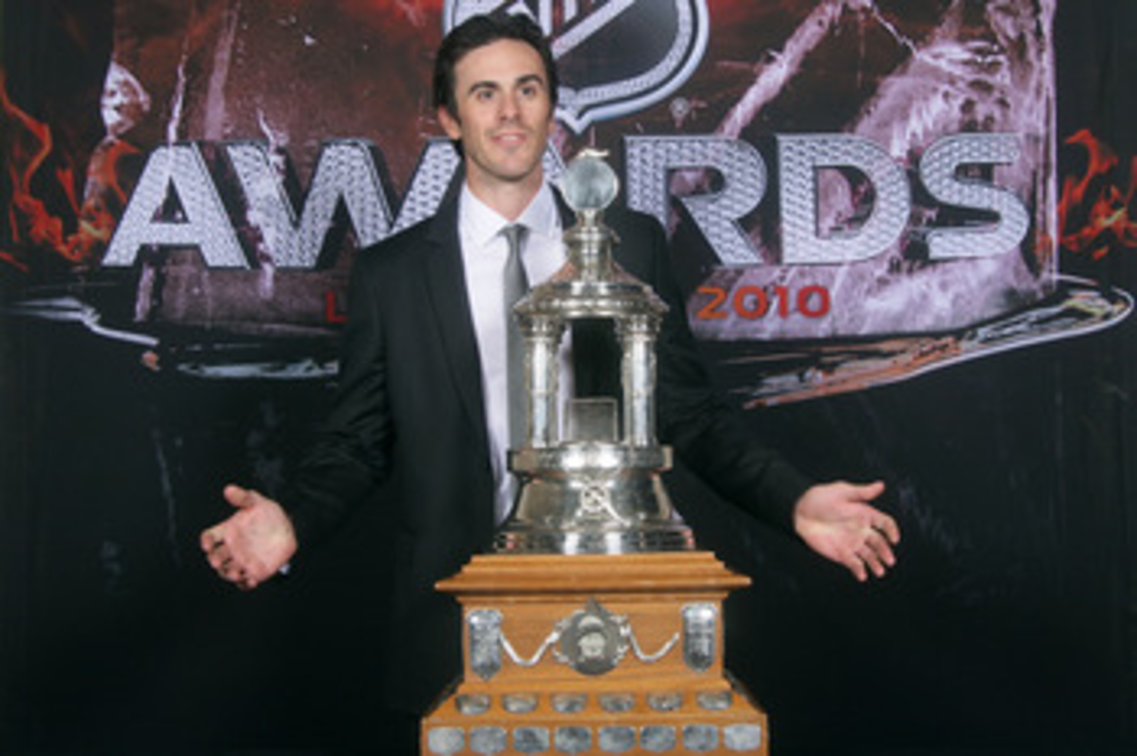 LAS VEGAS - JUNE 23:  Ryan Miller of the Buffalo Sabres poses for a portrait with the Vezina Trophy during the 2010 NHL Awards at the Palms Casino Resort on June 23, 2010 in Las Vegas, Nevada.  (Photo by Chris Trotman/Getty Images)