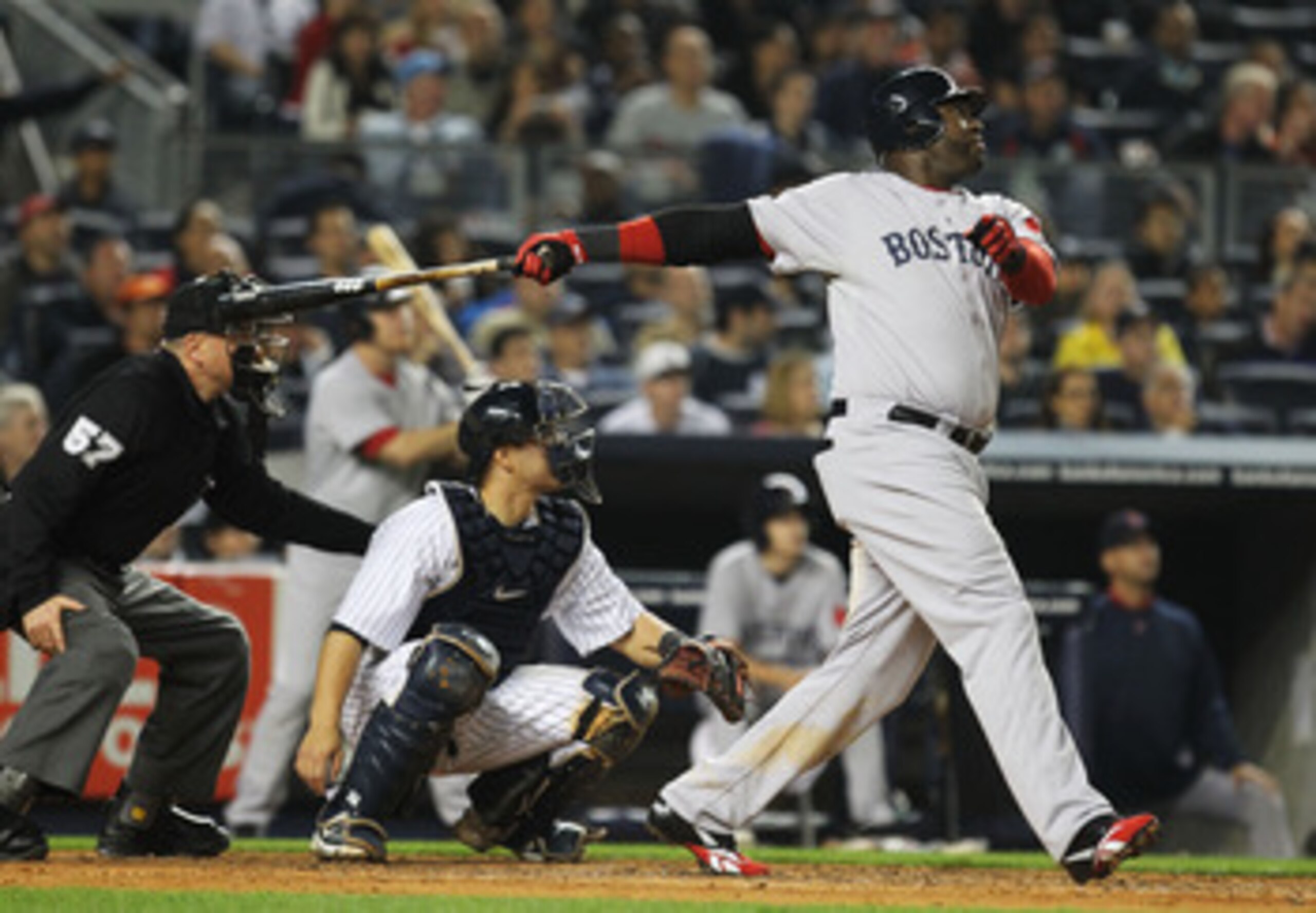 NEW YORK, NY - MAY 15: David Ortiz #34 of the Boston Red Sox hits a double during their game against the New york Yankees on May 15, 2011 at Yankee Stadium in the Bronx borough of New York City. (Photo by Al Bello/Getty Images) NEW YORK, NY - MAY 15: David Ortiz #34 of the Boston Red Sox hits a double during their game against the New york Yankees on May 15, 2011 at Yankee Stadium in the Bronx borough of New York City. (Photo by Al Bello/Getty Images)