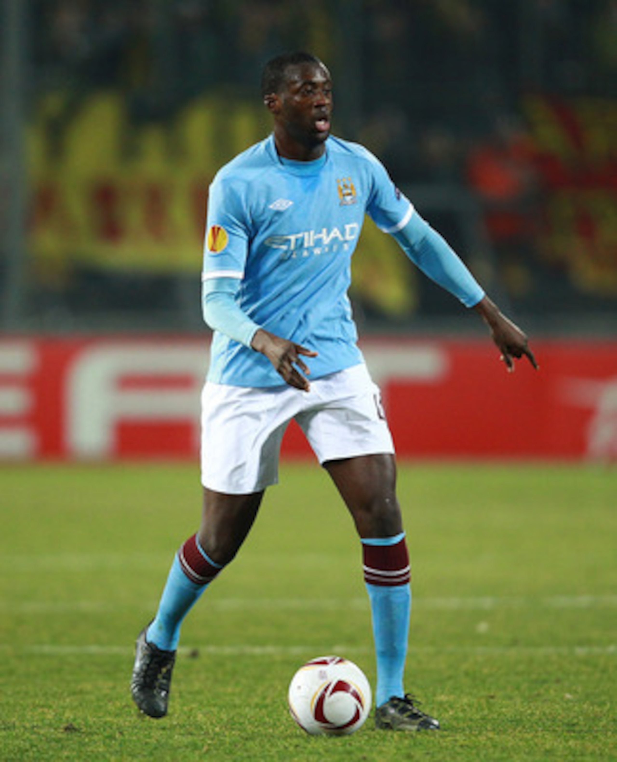 THESSALONIKI, GREECE - FEBRUARY 15: Yaya Toure of Manchester City in action during the first leg round of 32 Europa League match between Aris Saloniki and Manchester City at Kleanthis Vikelidis stadium on February 15, 2011 in Thessaloniki, Greece. (Pho THESSALONIKI, GREECE - FEBRUARY 15: Yaya Toure of Manchester City in action during the first leg round of 32 Europa League match between Aris Saloniki and Manchester City at Kleanthis Vikelidis stadium on February 15, 2011 in Thessaloniki, Greece. (Pho