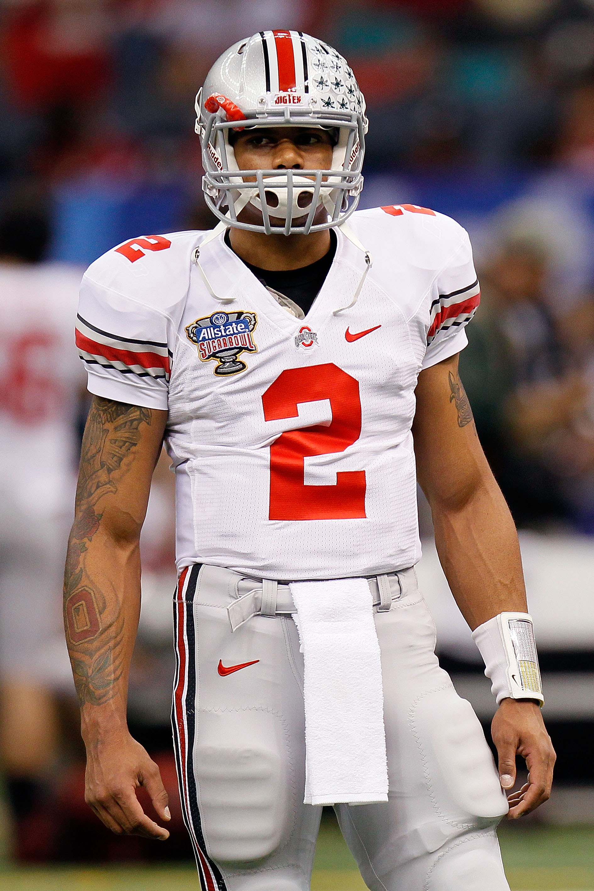 NEW ORLEANS, LA - JANUARY 04:  Quarterback Terrelle Pryor #2 of the Ohio State Buckeyes looks on during pregame warmups before taking on Arkansas Razorbacks in the Allstate Sugar Bowl at the Louisiana Superdome on January 4, 2011 in New Orleans, Louisiana