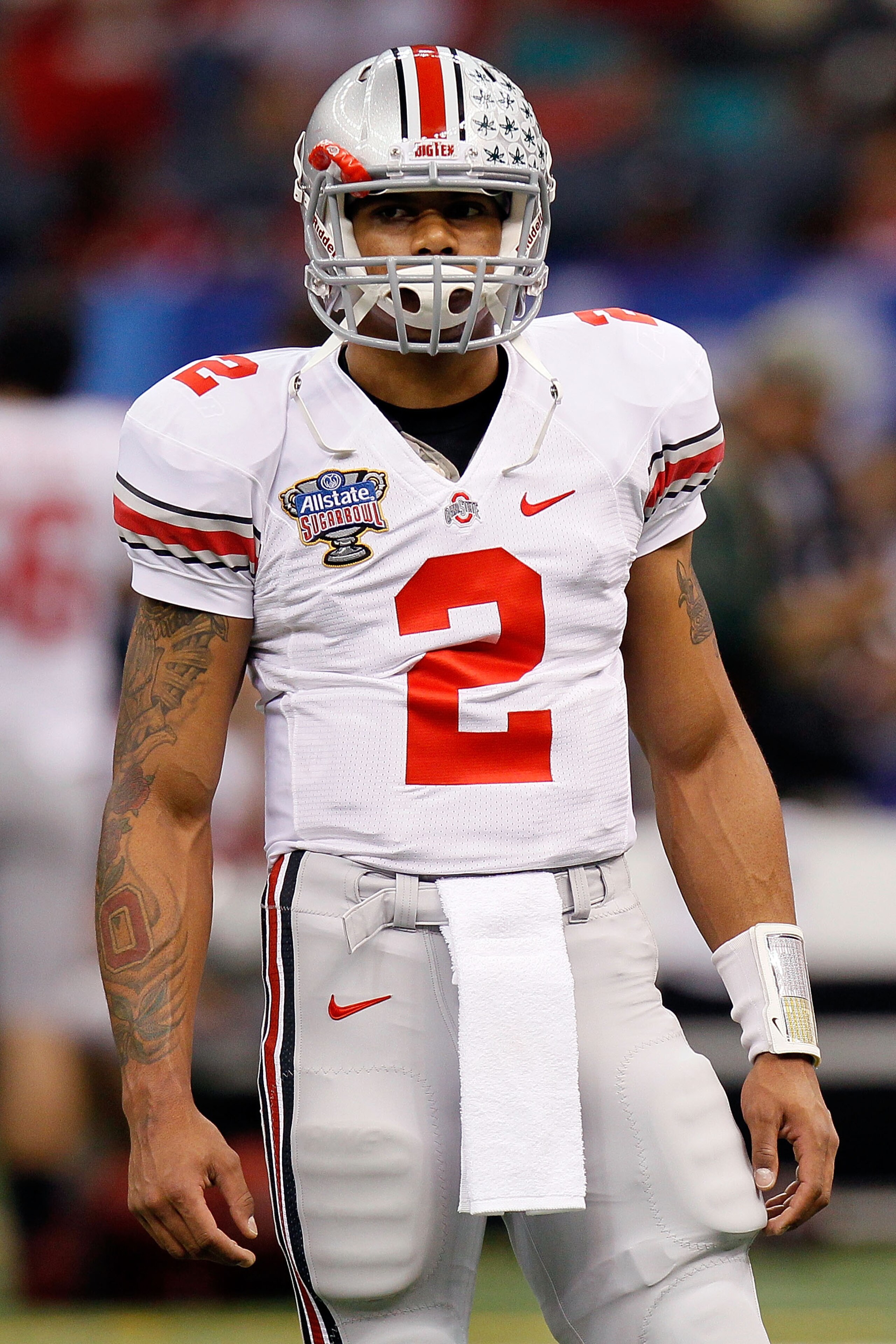 NEW ORLEANS, LA - JANUARY 04:  Quarterback Terrelle Pryor #2 of the Ohio State Buckeyes looks on during pregame warmups before taking on Arkansas Razorbacks in the Allstate Sugar Bowl at the Louisiana Superdome on January 4, 2011 in New Orleans, Louisiana