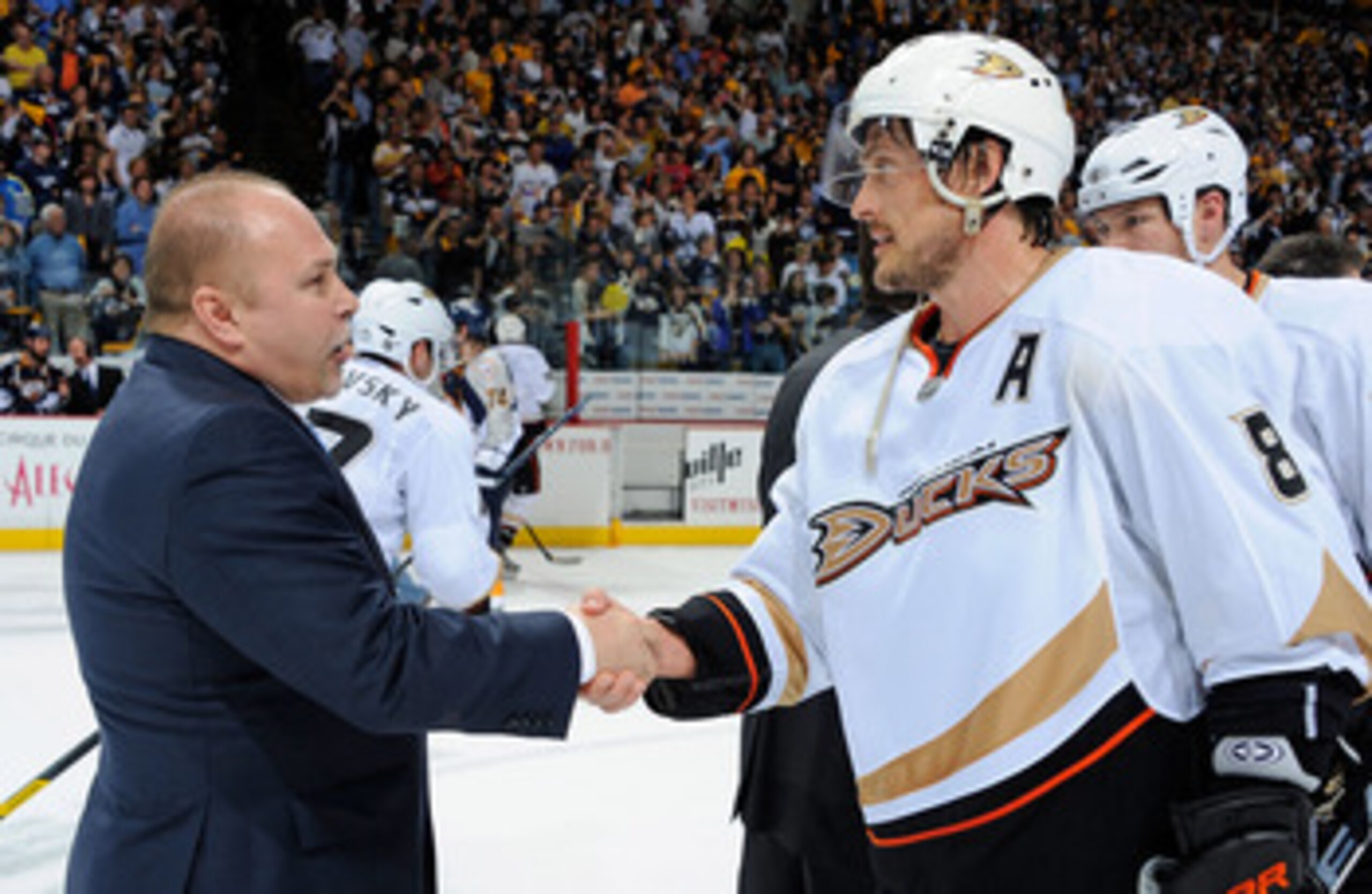 NASHVILLE, TN - APRIL 24:  Teemu Selane #8 of the Anaheim Ducks shakes hands with Barry Trotz, head coach of the Nashville Predators after Game Six of the Western Conference Quarterfinals during the 2011 NHL Stanley Cup Playoffs at Bridgestone Arena on Ap