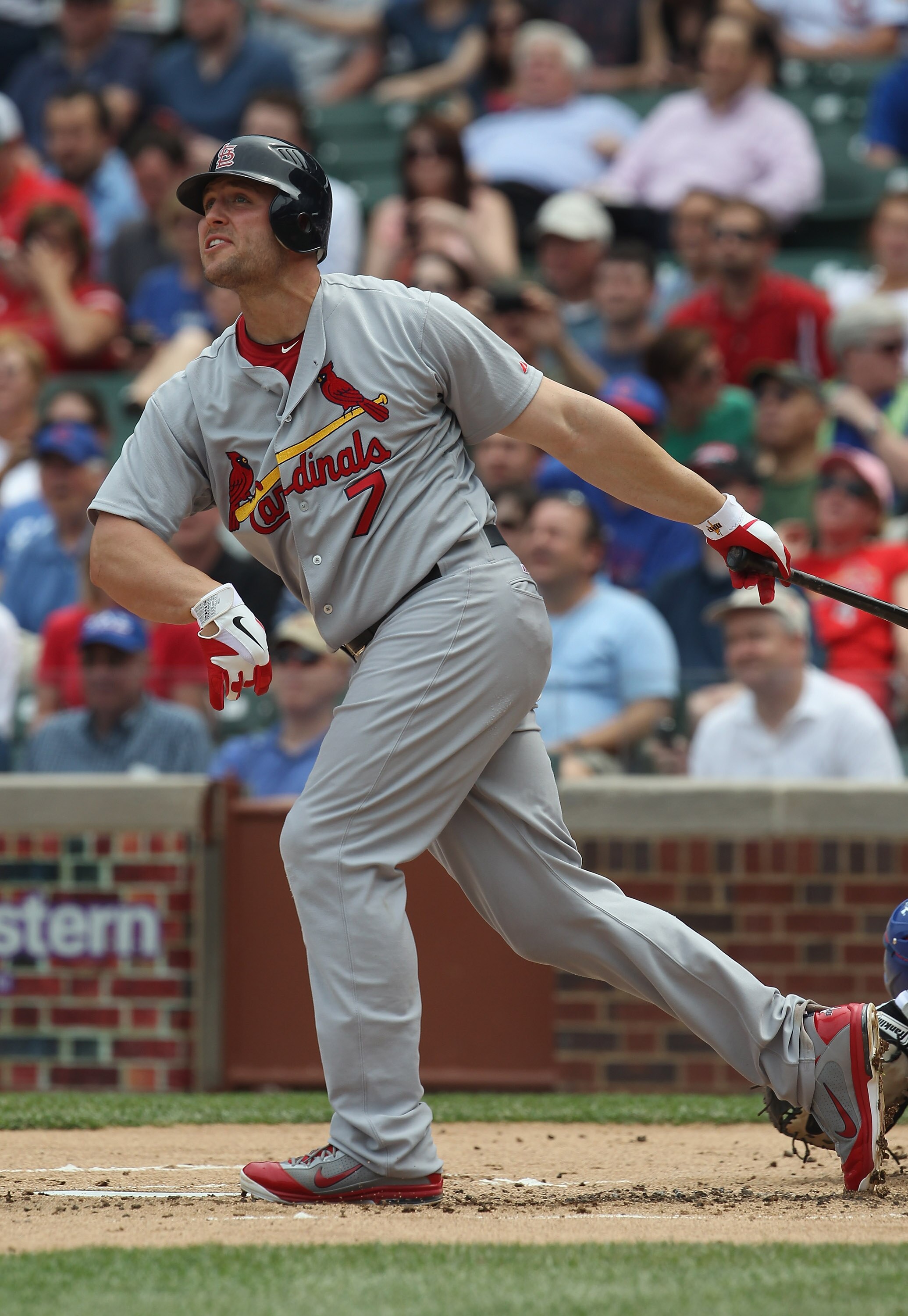CHICAGO, IL - MAY 12: Matt Holliday #7 of the St. Louis Cardinals hita a solo home run in the 2nd inning against the Chicago Cubs at Wrigley Field on May 12, 2011 in Chicago, Illinois. (Photo by Jonathan Daniel/Getty Images)