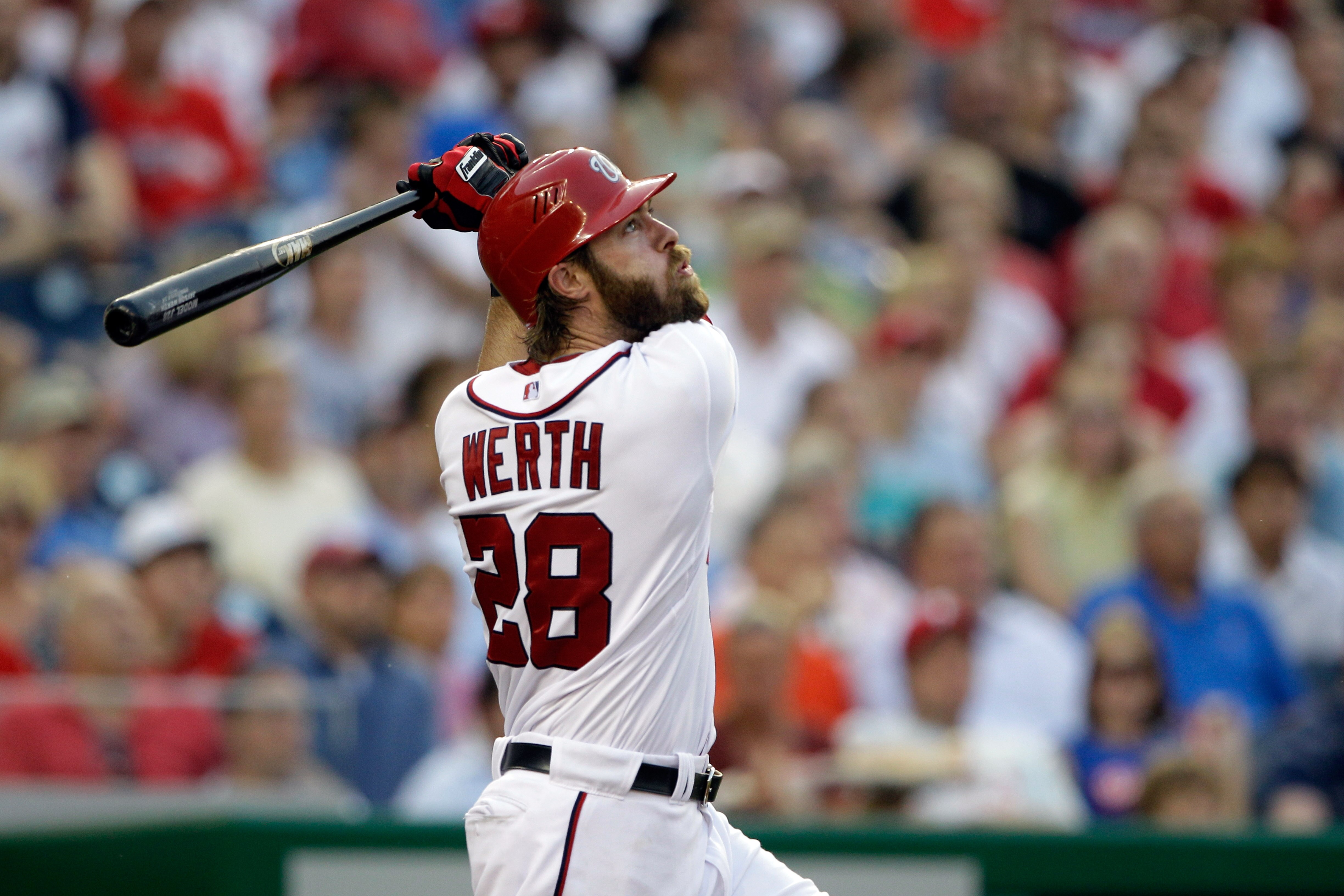 WASHINGTON, DC - MAY 31:  Jayson Werth #28 of the Washington Nationals at the plate against the Philadelphia Phillies at Nationals Park on May 31, 2011 in Washington, DC. The Braves won 2-0. (Photo by Rob Carr/Getty Images)