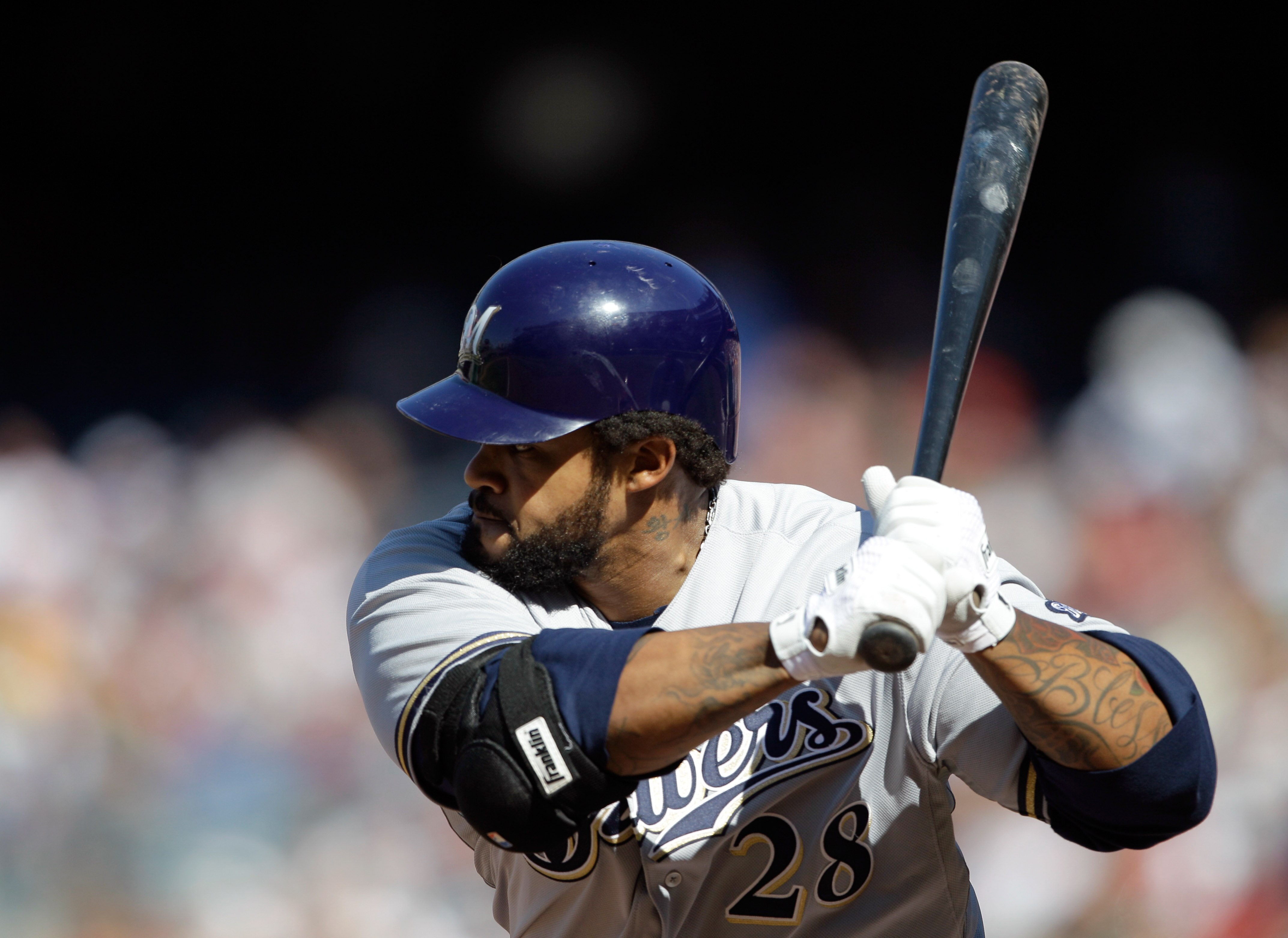 WASHINGTON, DC - APRIL 17:  Prince Fielder #28 of the Milwaukee Brewers at the plate against the Washington Nationals at Nationals Park on April 17, 2011 in Washington, DC.  (Photo by Rob Carr/Getty Images)