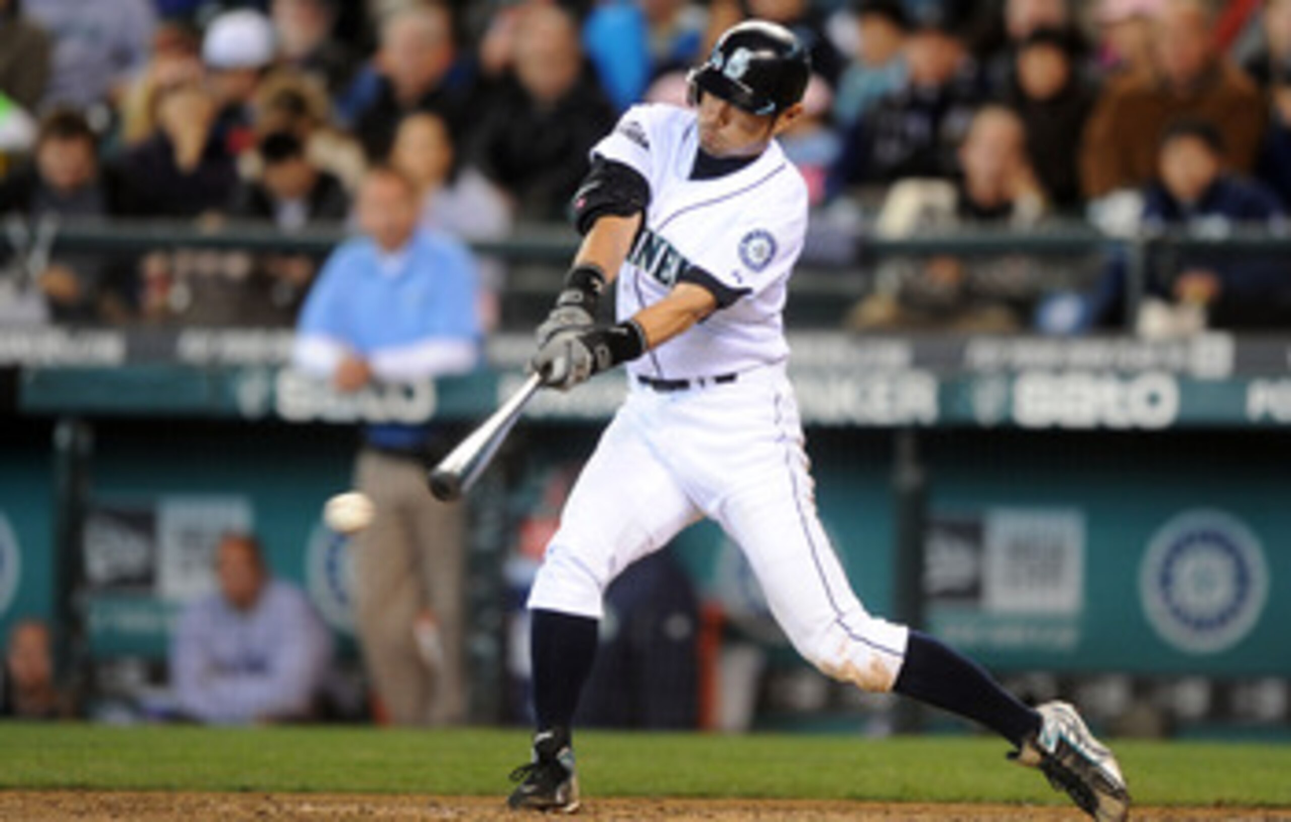 SEATTLE, WA - JUNE 1:  Ichiro Suzuki #51 of the Seattle Mariners singles during the game against the Baltimore Orioles at Safeco Field on June 1, 2011 in Seattle, Washington. The Baltimore Orioles defeated the Seattle Mariners, 2-1. Suzuki went 2-4 and ha