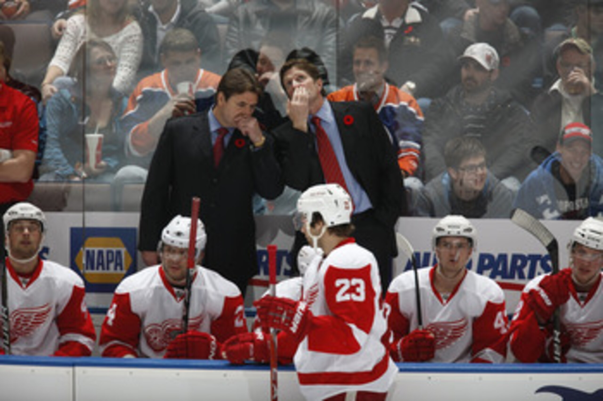 EDMONTON, CANADA - NOVEMBER 5: Mike Babcock, Brad McCrimmon of the Detroit Red Wings skates against the Edmonton Oilers on November 5, 2010 at Rexall Place in Edmonton, Alberta, Canada. (Photo by Dale MacMillan/Getty Images) EDMONTON, CANADA - NOVEMBER 5: Mike Babcock, Brad McCrimmon of the Detroit Red Wings skates against the Edmonton Oilers on November 5, 2010 at Rexall Place in Edmonton, Alberta, Canada. (Photo by Dale MacMillan/Getty Images)