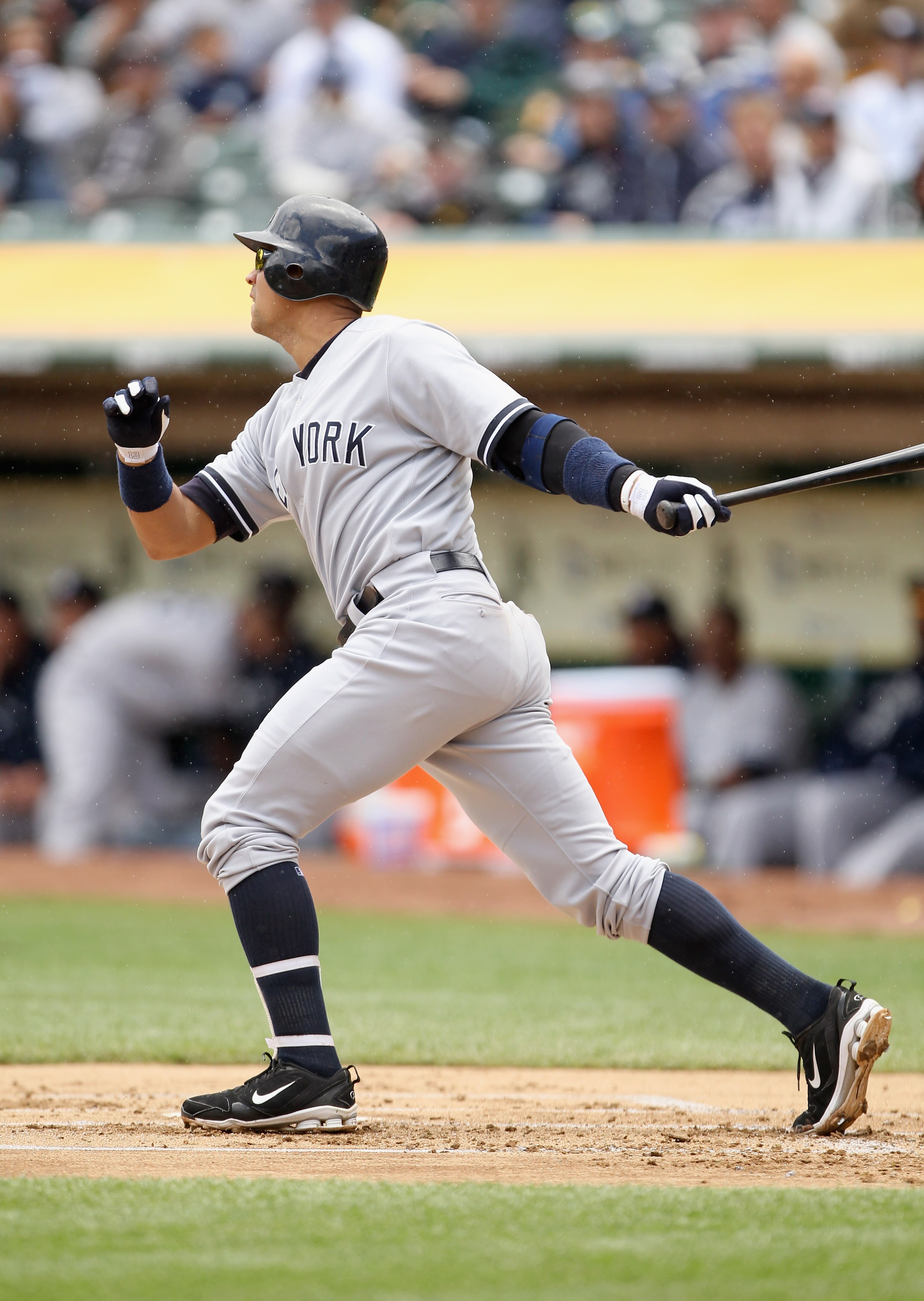 OAKLAND, CA - JUNE 01:  Alex Rodriguez #13 of the New York Yankees hits a double that scored Derek Jeter #2 of the New York Yankees in the first inning against the Oakland Athletics at Oakland-Alameda County Coliseum on June 1, 2011 in Oakland, California