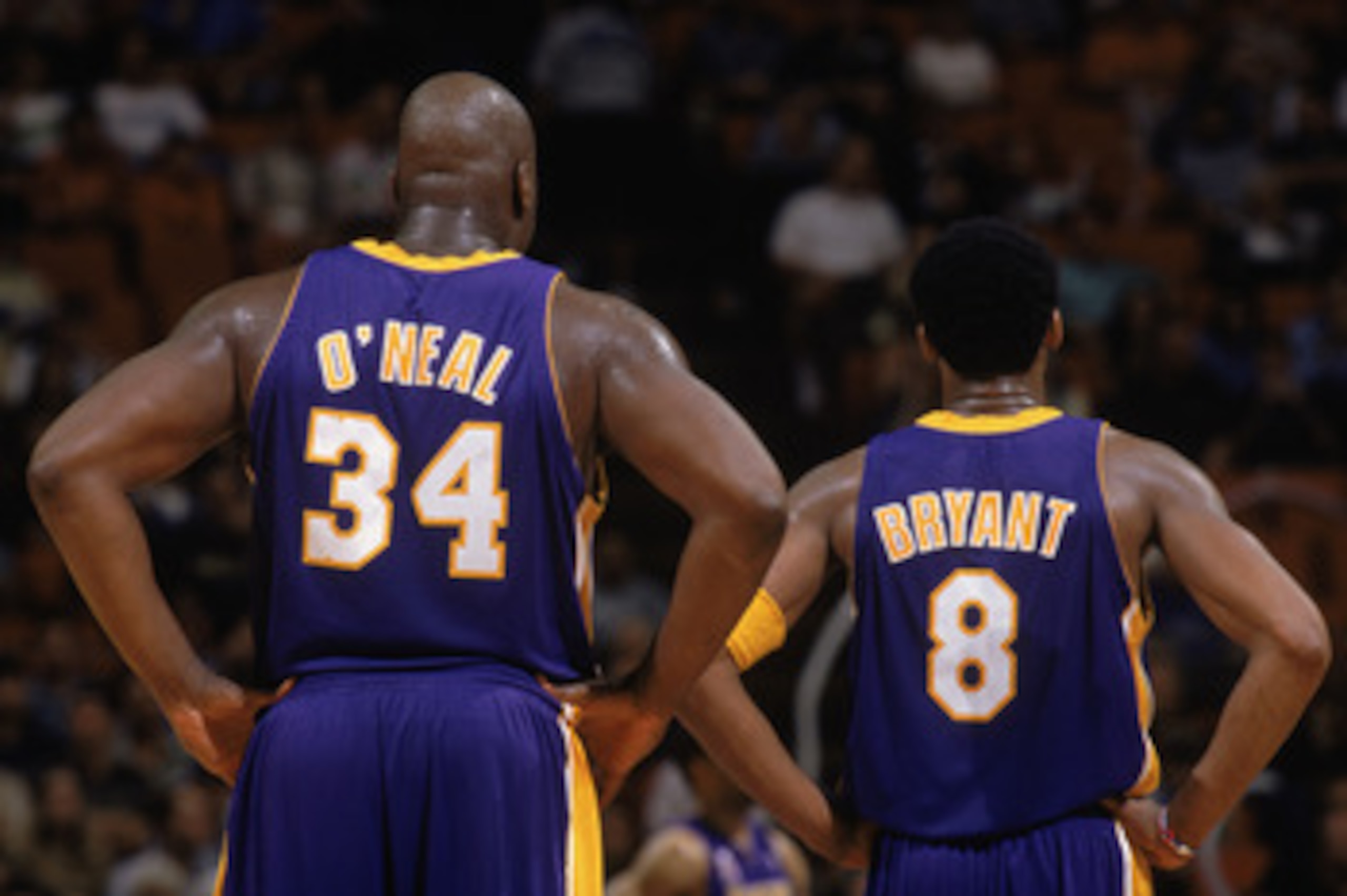 30 Jan 2002: This is a close up of center Shaquille O''Neal (L) #34 of the Los Angeles Lakers and his teammate, guard Kobe Bryant (R). The picture was taken during the NBA game against the Orlando Magic at the TD Waterhouse in Orlando, Florida. The Lake 30 Jan 2002: This is a close up of center Shaquille O''Neal (L) #34 of the Los Angeles Lakers and his teammate, guard Kobe Bryant (R). The picture was taken during the NBA game against the Orlando Magic at the TD Waterhouse in Orlando, Florida. The Lake