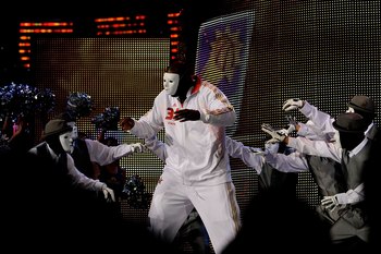 PHOENIX - FEBRUARY 15:  Shaquille O'Neal #32 of the Western Conference dances with the Jabbawockeez as he is introduced before the start of the 58th NBA All-Star Game, part of 2009 NBA All-Star Weekend at US Airways Center on February 15, 2009 in Phoenix,