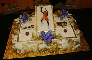 CALIFORNIA - MARCH 6:  A cake is seen at Los Angeles Lakers Shaquille O'Neal 32nd birthday celebration and opening of the Team LA Superstore on Universal Studios Citywalk March 6, 2004 in Los Angeles, California.  (Photo by Mark Mainz/Getty Images)