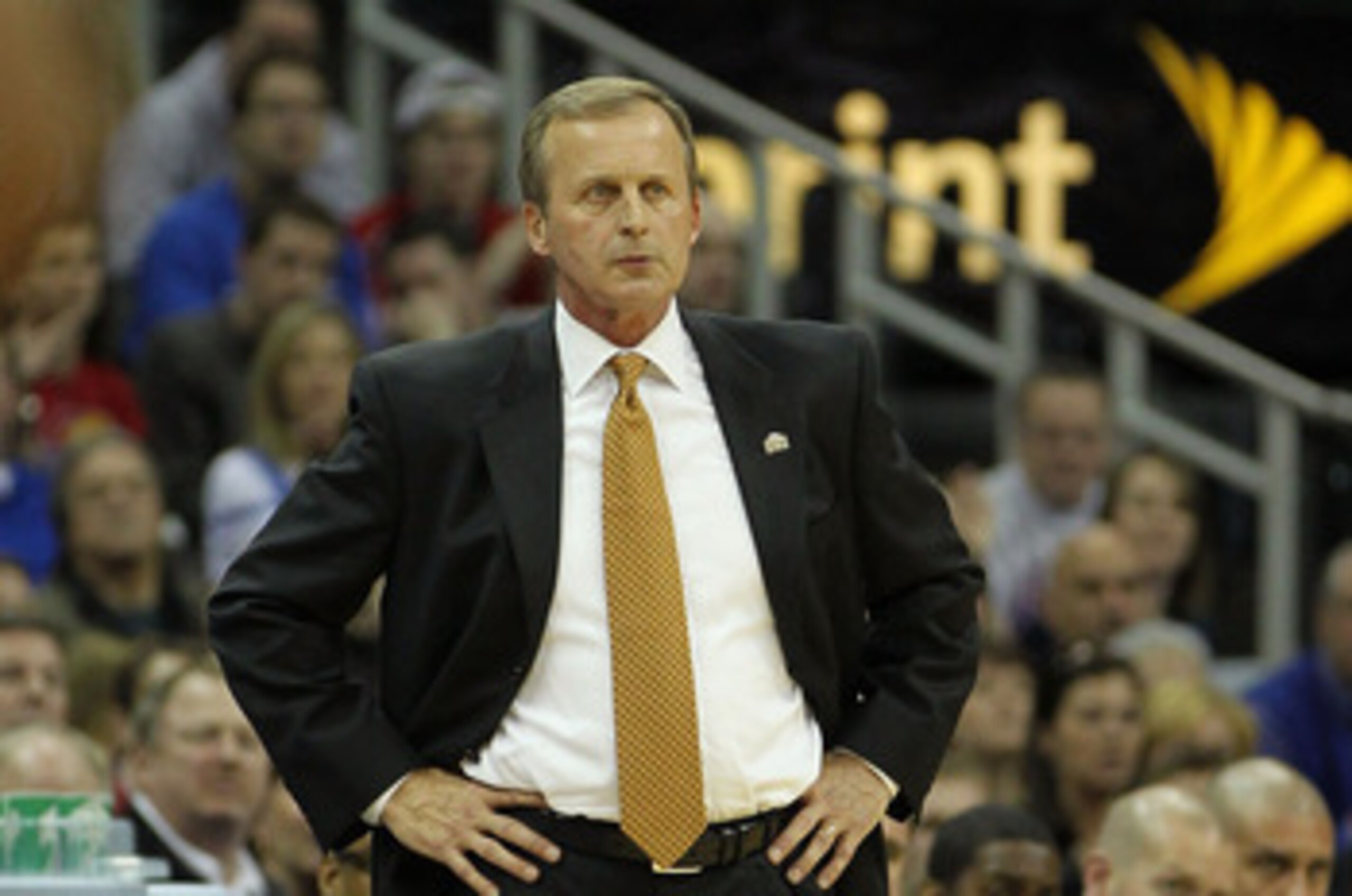 KANSAS CITY, MO - MARCH 12:  Head coach Rick Barnes of the Texas Longhorns looks on against the Kansas Jayhawks during the 2011 Phillips 66 Big 12 Men's Basketball Tournament championship game at Sprint Center on March 12, 2011 in Kansas City, Missouri.  