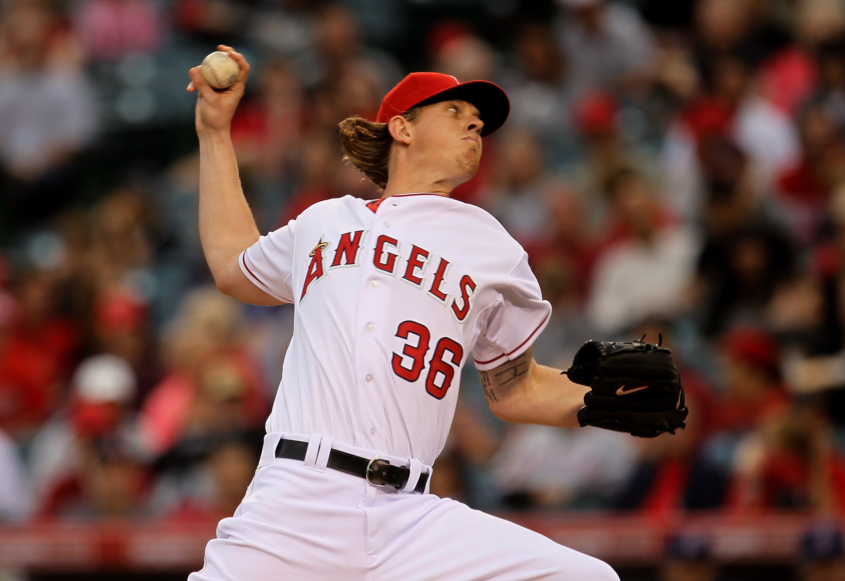 ANAHEIM, CA - MAY 07:  Jered Weaver #36 of the Los Angeles Angels of Anaheim throws a pitch against the Cleveland Indians on May 7, 2011 at Angel Stadium in Anaheim, California.  (Photo by Stephen Dunn/Getty Images)