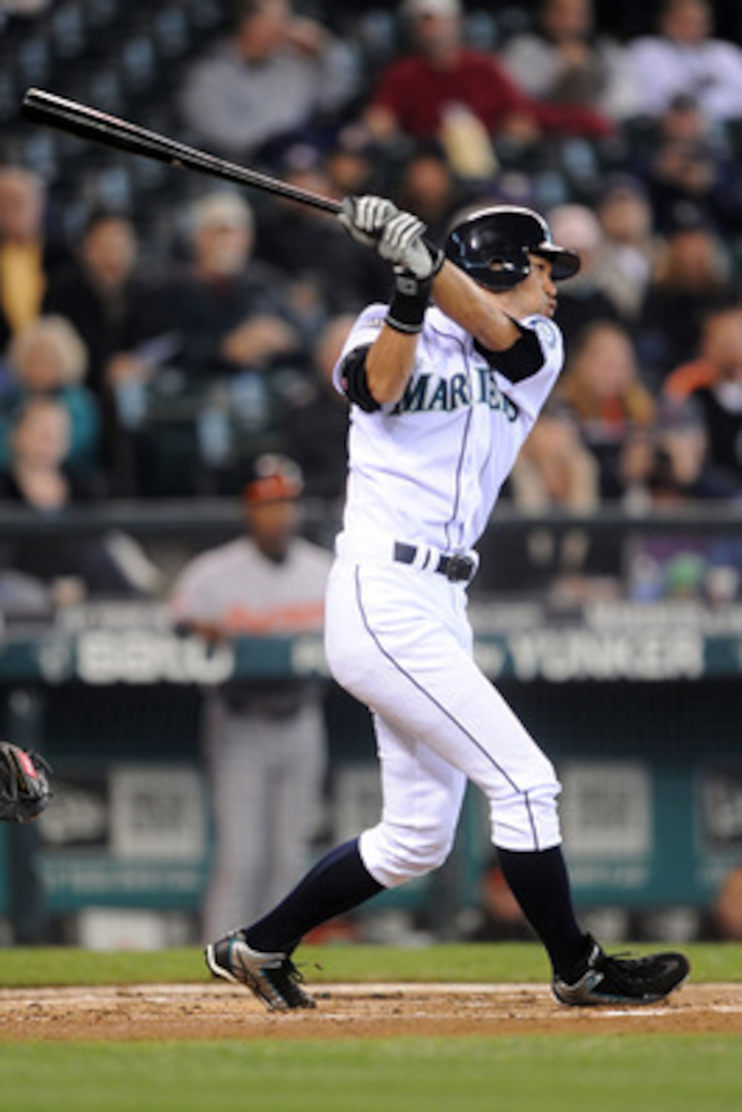 SEATTLE, WA - JUNE 1:  Ichiro Suzuki #51 of the Seattle Mariners singles in the bottom of the first inning against the Baltimore Orioles at Safeco Field on June 1, 2011 in Seattle, Washington.  (Photo by Rod Mar/Getty Images)