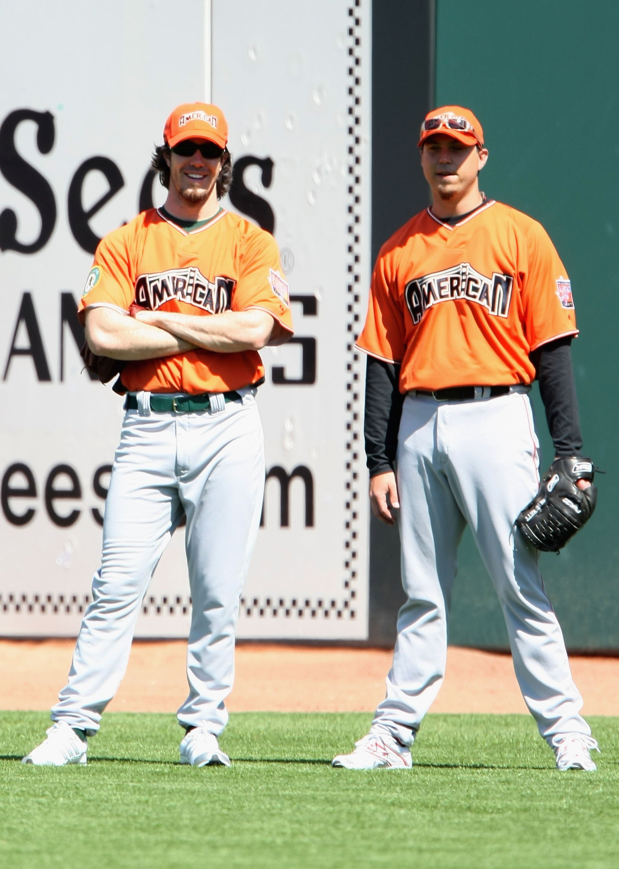 SAN FRANCISCO - JULY 09:  American League All-Stars Dan Haren #15 of the Oakland A's and Josh Beckett #19 of the Boston Red Sox talk on the field during the 78th Major League Baseball All-Star Work Out Day at AT&T Park on July 9, 2007 in San Francisco, Ca