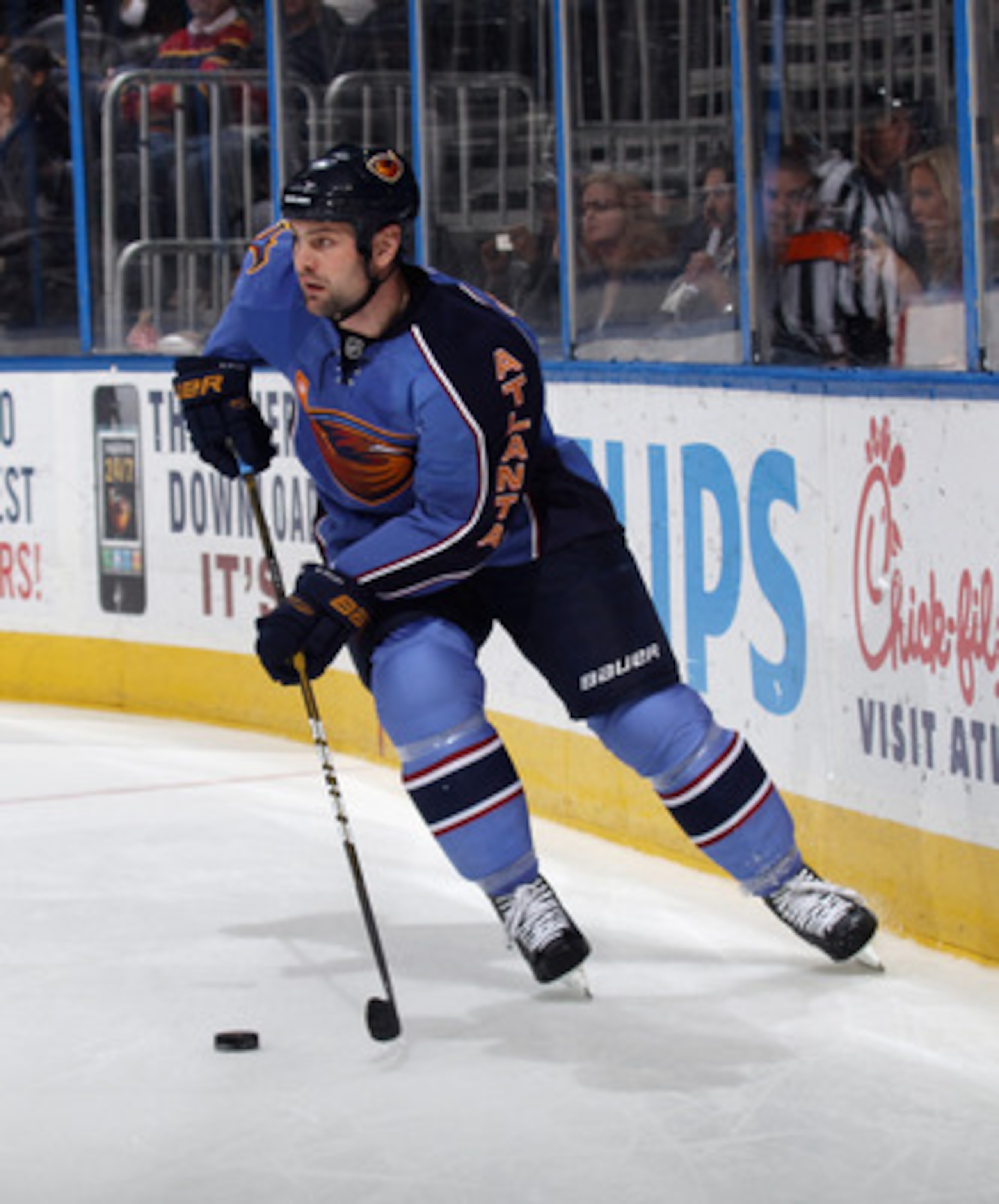 ATLANTA, GA - MARCH 27: Mark Stuart #5 of the Atlanta Thrashers skates against the Ottawa Senators at the Philips Arena on March 27, 2011 in Atlanta, Georgia. The Thrashers defeated the 5-4 in the shoot out.  (Photo by Bruce Bennett/Getty Images)