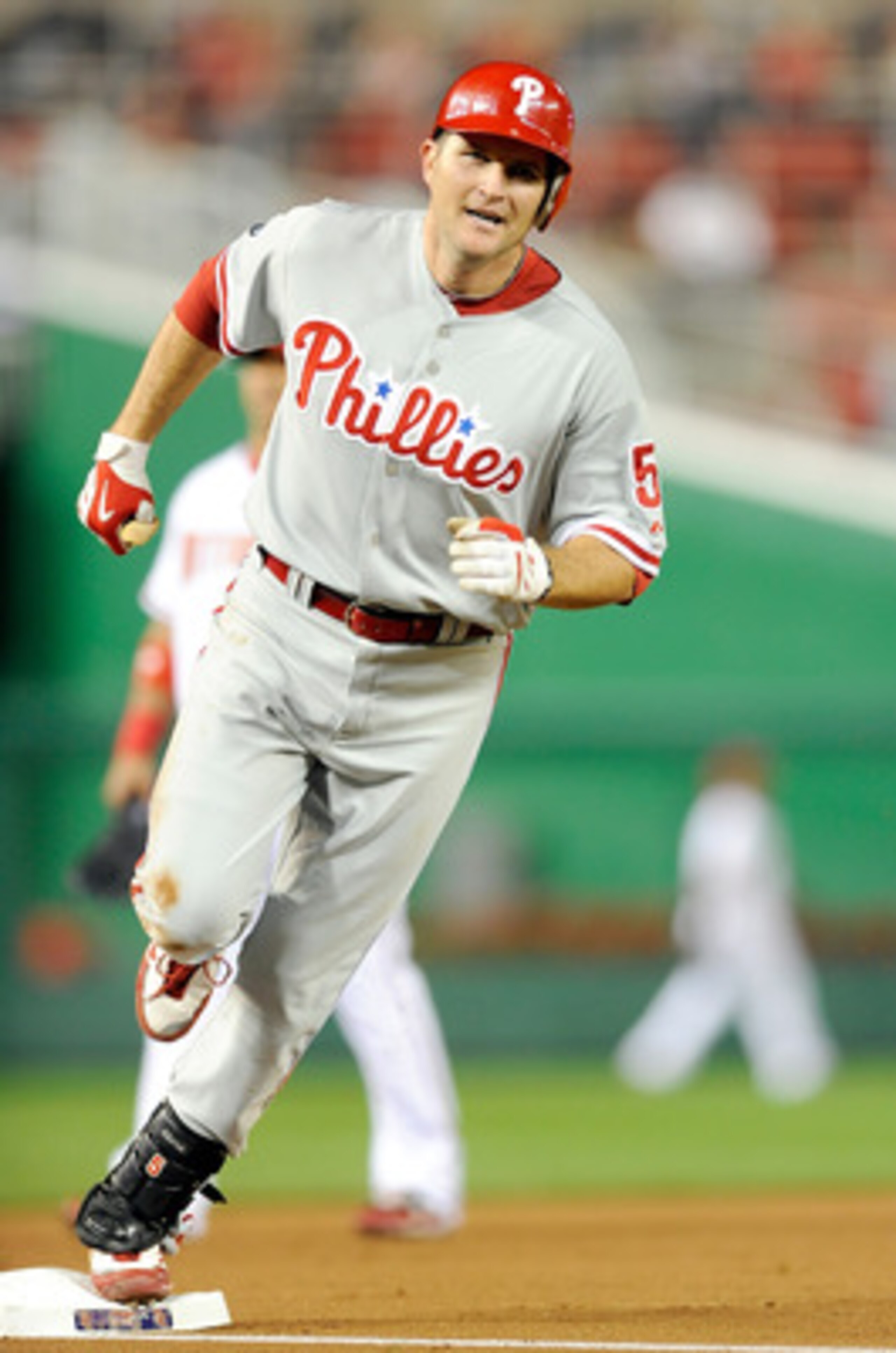 WASHINGTON - SEPTEMBER 29:  Mike Sweeney #5 of the Philadelphia Phillies rounds the bases after hitting a home run in the second inning against the Washington Nationals at Nationals Park on September 29, 2010 in Washington, DC.  (Photo by Greg Fiume/Getty