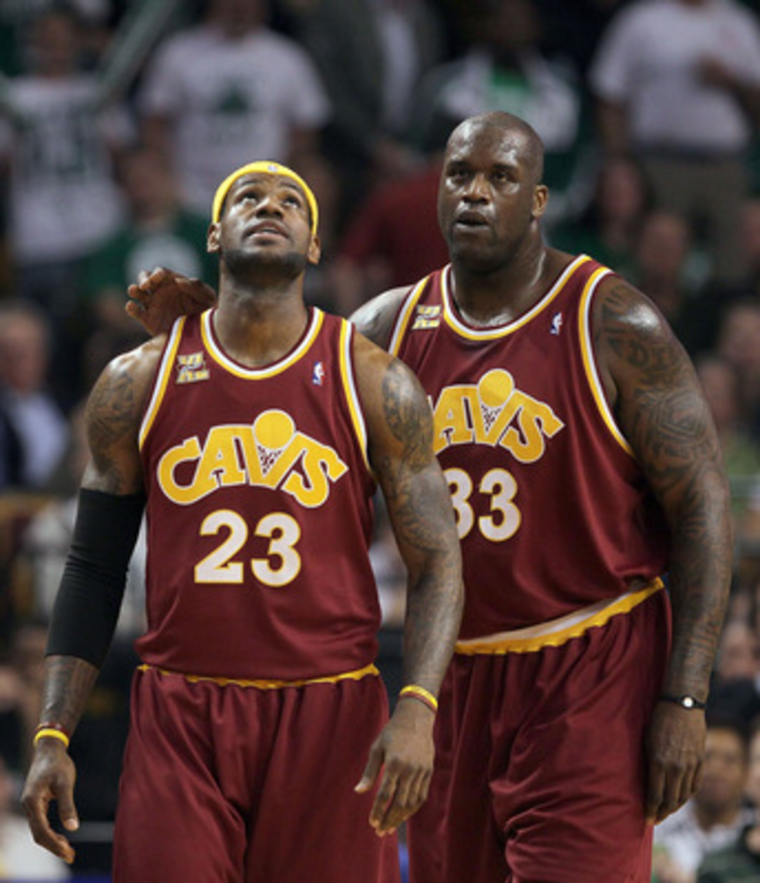 BOSTON - MAY 07:  LeBron James #23 and Shaquille O'Neal #33 of the Cleveland Cavaliers pause during action against  the Boston Celtics in Game Three of the Eastern Conference Semifinals of the 2010 NBA Playoffs at TD Banknorth Garden on May 7, 2010 in Bos