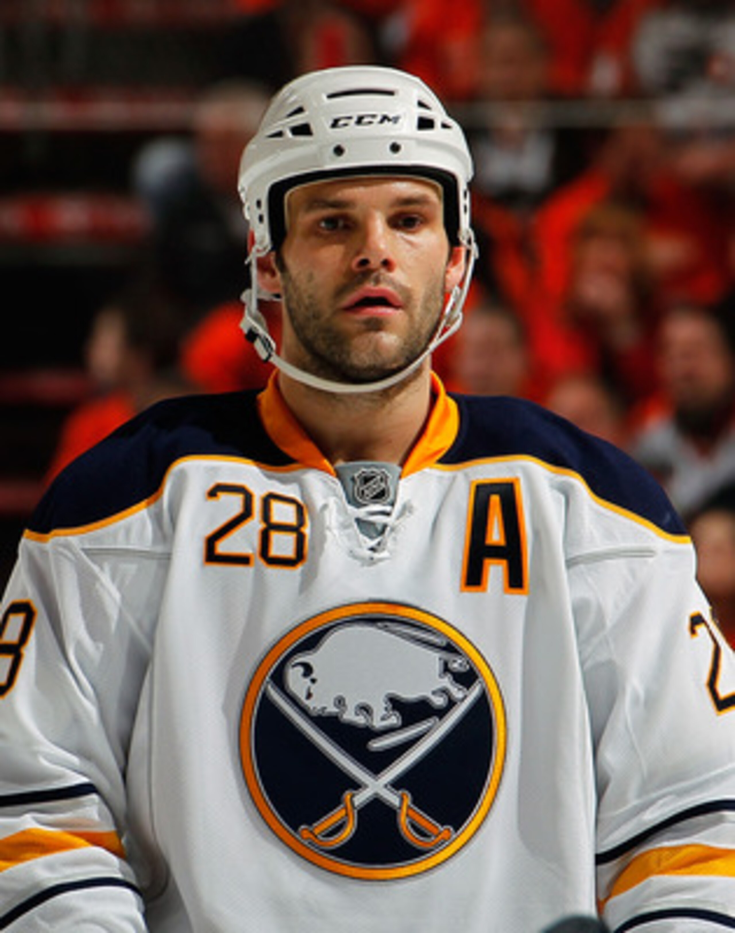 PHILADELPHIA, PA - APRIL 16:  Paul Gaustad #28 of the Buffalo Sabres waits for a faceoff against the Philadelphia Flyers in Game Two of the Eastern Conference Quarterfinals during the 2011 NHL Stanley Cup Playoffs at Wells Fargo Center on April 16, 2011 i