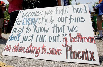 ATLANTA, GA - MAY 21:  A sign displayed outside Philips Arena shows a quote by NHL Commissioner Gary Bettman on his comment about keeping the Phoenix Coyotes in Phoenix as fans hold a rally to keep the Thrashers in Atlanta at Philips Arena on May 21, 2011