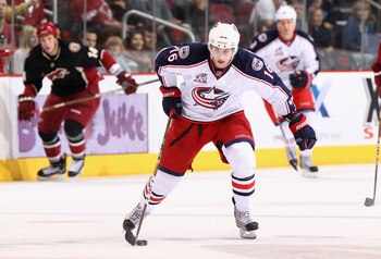GLENDALE, AZ - MARCH 24:  Derick Brassard #16 of the Columbus Blue Jackets skates with the puck during the NHL game against the Phoenix Coyotes at Jobing.com Arena on March 24, 2011 in Glendale, Arizona.  The Coyotes defeated the Blue Jackets 3-0.  (Photo