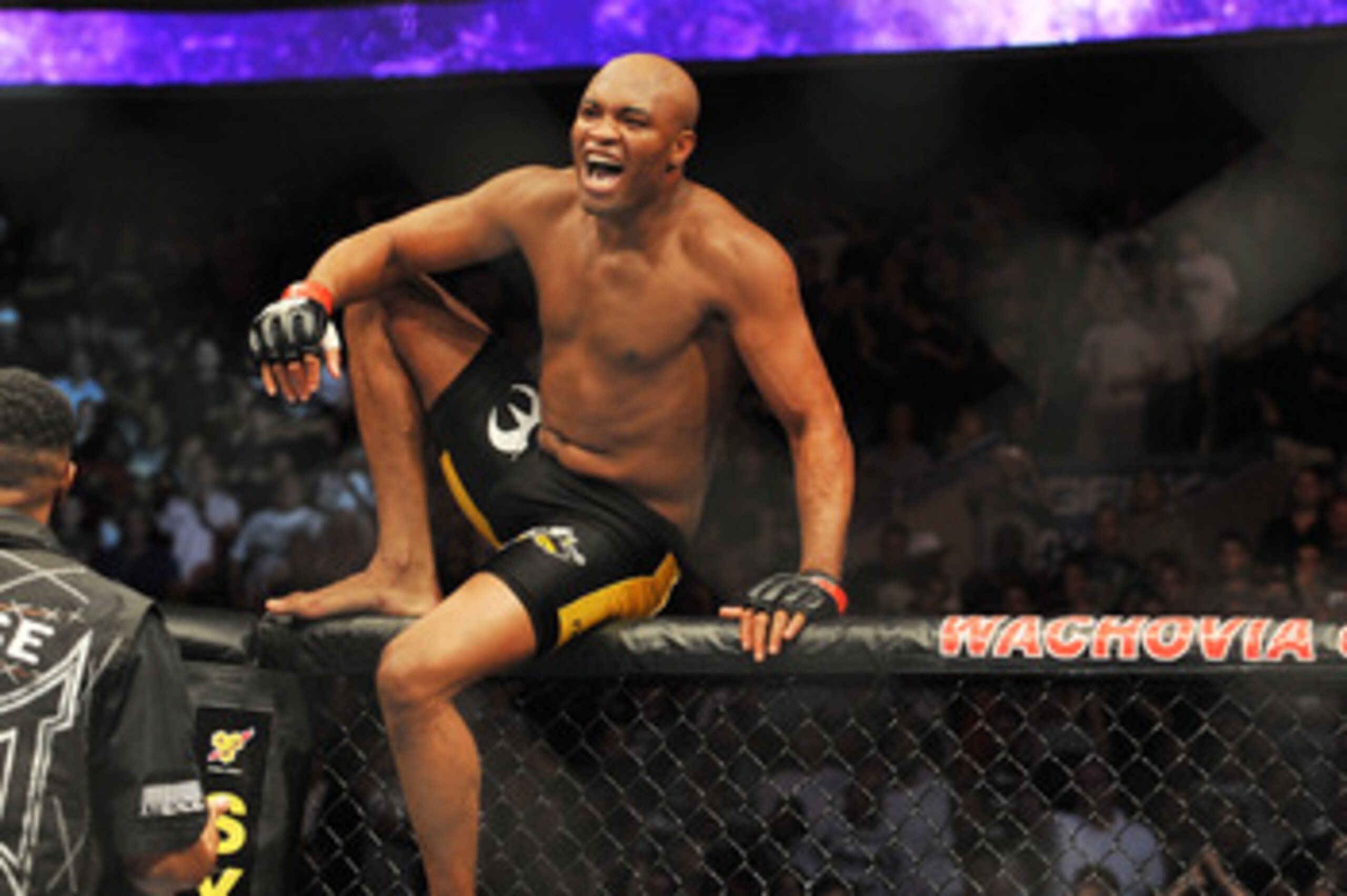 PHILADELPHIA - AUGUST 08:  Anderson Silva celebrates after defeating Forrest Griffin during their light heavyweight bout at UFC 101: Declaration at the Wachovia Center on August 8, 2009 in Philadelphia, Pennsylvania.  (Photo by Jon Kopaloff/Getty Images)