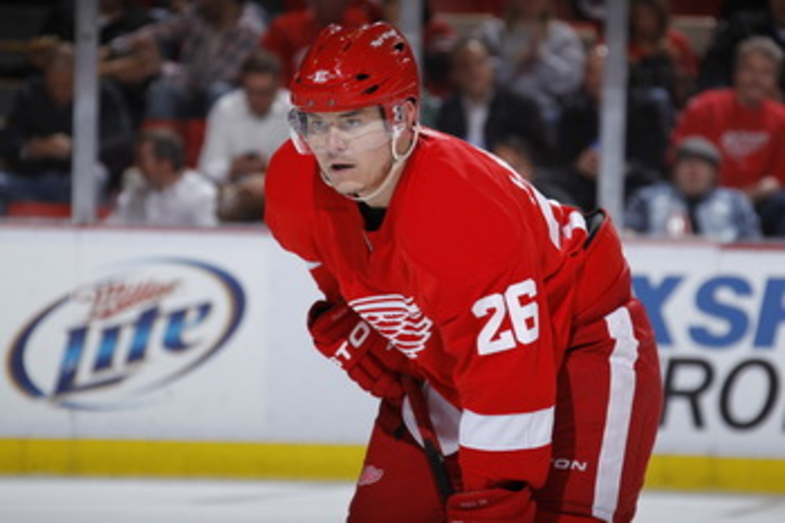 DETROIT - MAY 6: Jiri Hudler #26 of the Detroit Red Wings looks on while playing the San Jose Sharks in Game Four of the Western Conference Semifinals during the 2011 NHL Stanley Cup Playoffs on May 6, 2011 at Joe Louis Arena in Detroit, Michigan. (Photo