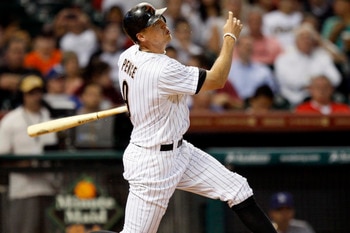 HOUSTON - MAY 24:  Hunter Pence #9 of the Houston Astros doubles to right field in the third inning against the Los Angeles Dodgers  at Minute Maid Park on May 24, 2011 in Houston, Texas.  (Photo by Bob Levey/Getty Images)