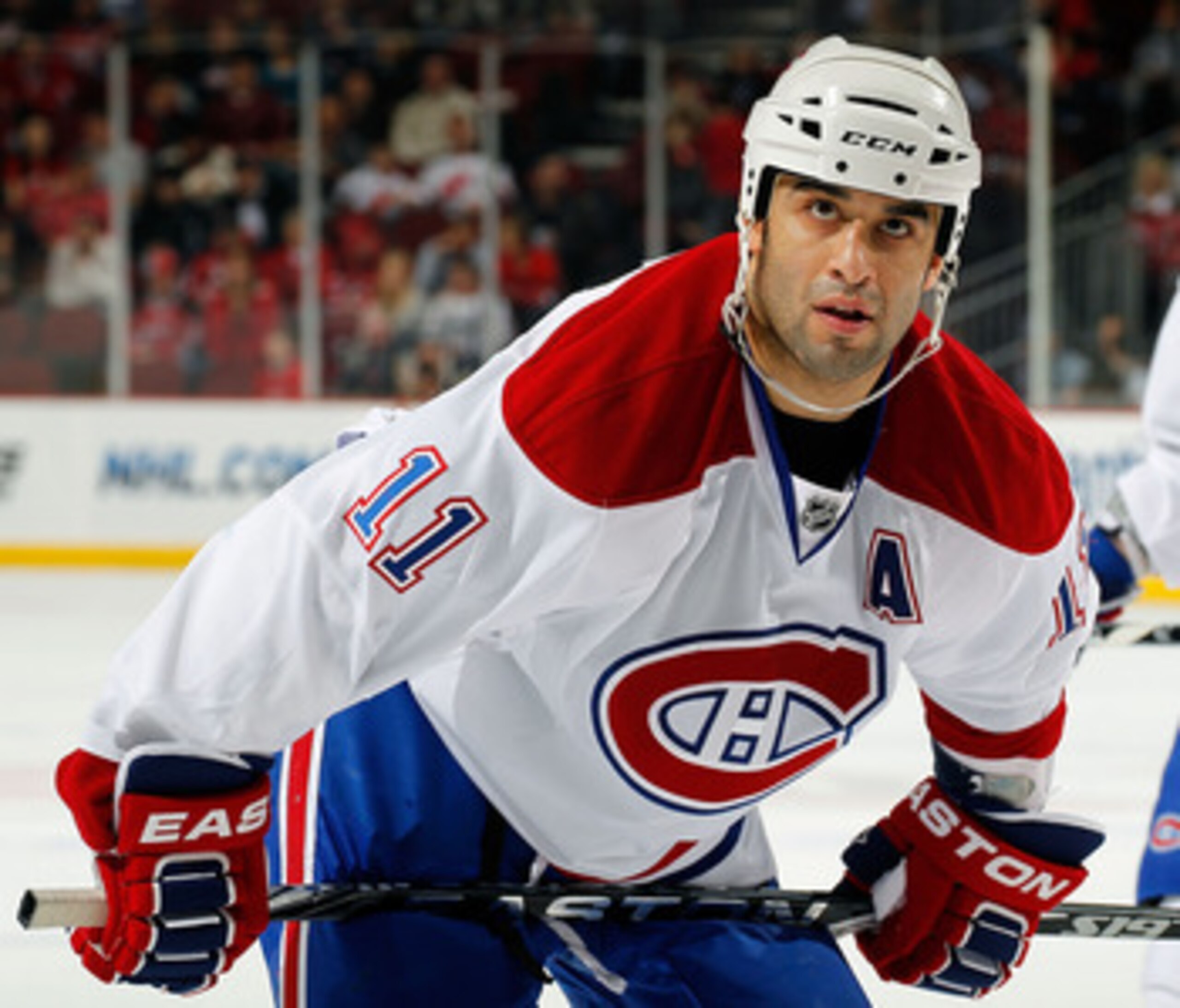 NEWARK, NJ - APRIL 02:  Scott Gomez #11 of the Montreal Canadians waits for a faceoff during an NHL hockey game against the New Jersey Devils at the Prudential Center on April 2, 2011 in Newark, New Jersey.  (Photo by Paul Bereswill/Getty Images)