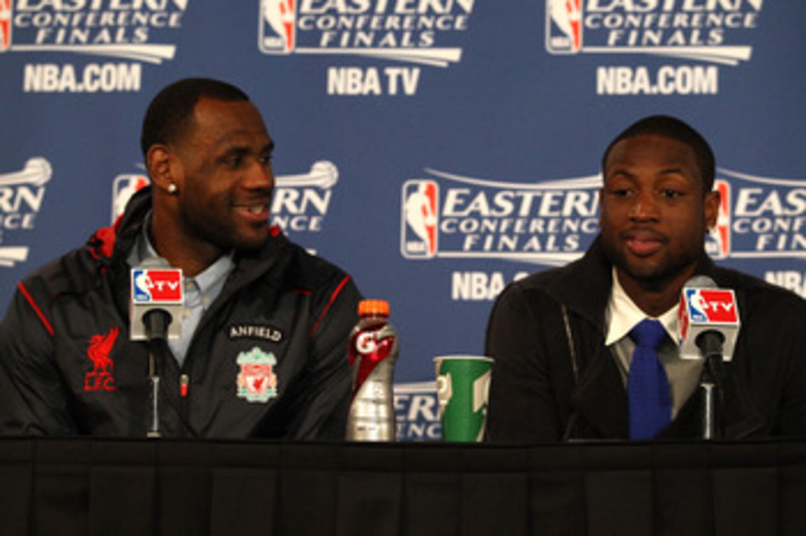 CHICAGO, IL - MAY 26: (L-R) LeBron James #6 and Dwyane Wade of the Miami Heat answers questions from the media at the post game press conference after the Heat won 83-80 against the Chicago Bulls in Game Five of the Eastern Conference Finals during the 20