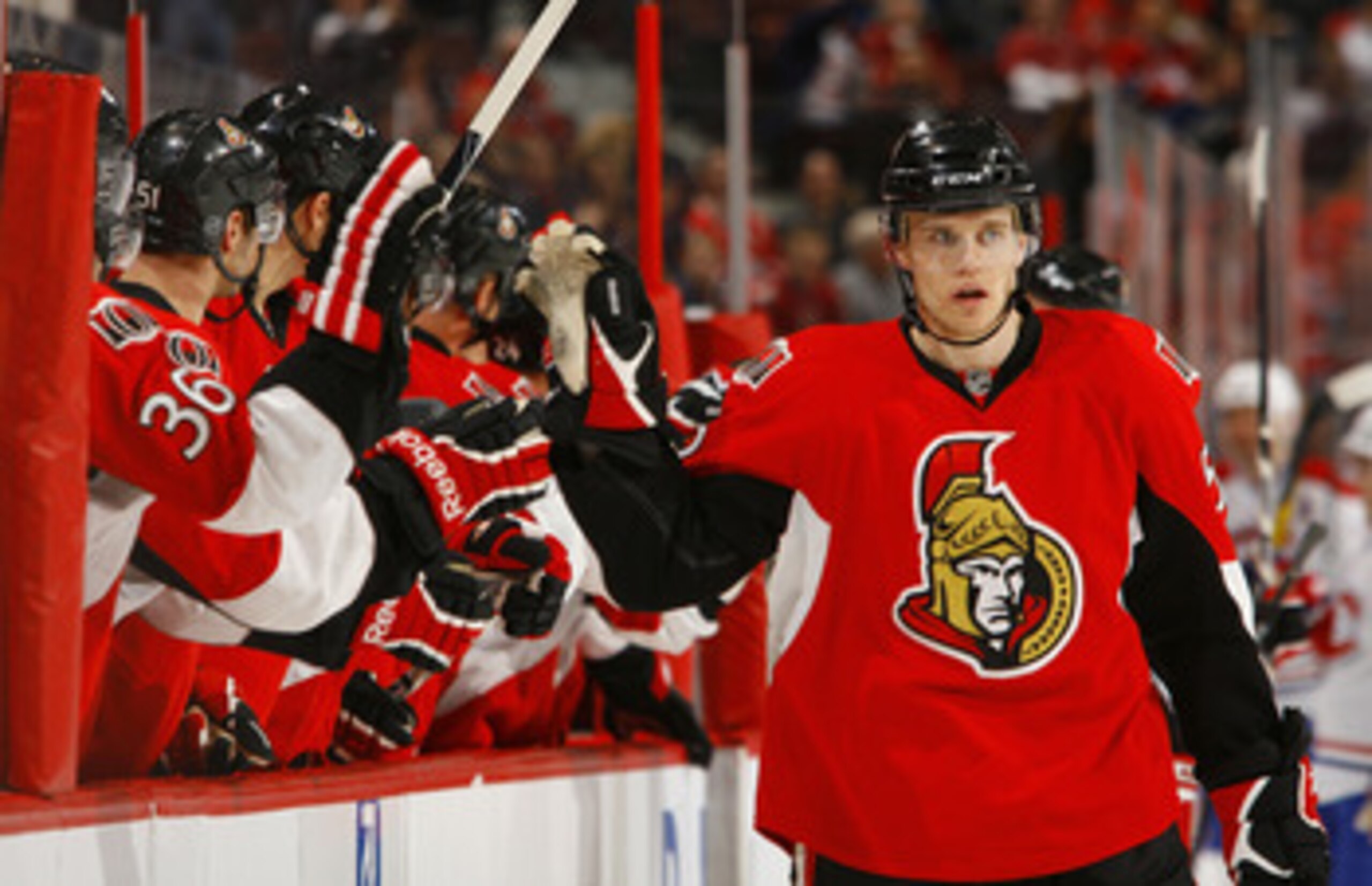 OTTAWA, CANADA - APRIL 07:  Colin Greening #52 of the Ottawa Senators celebrates a goal with teammate David Hale #36 in a game against the Montreal Canadiens at Scotiabank Place on April 7, 2011 in Ottawa, Canada.  (Photo by Phillip MacCallum/Getty Images