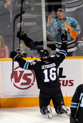 SAN JOSE, CA - MAY 12: Devin Setoguchi #16 of the San Jose Sharks celebrates after scoring a goal in the first period against the Detroit Red Wings in Game Seven of the Western Conference Semifinals  during the 2011 NHL Stanley Cup Playoffs at the HP Pavi