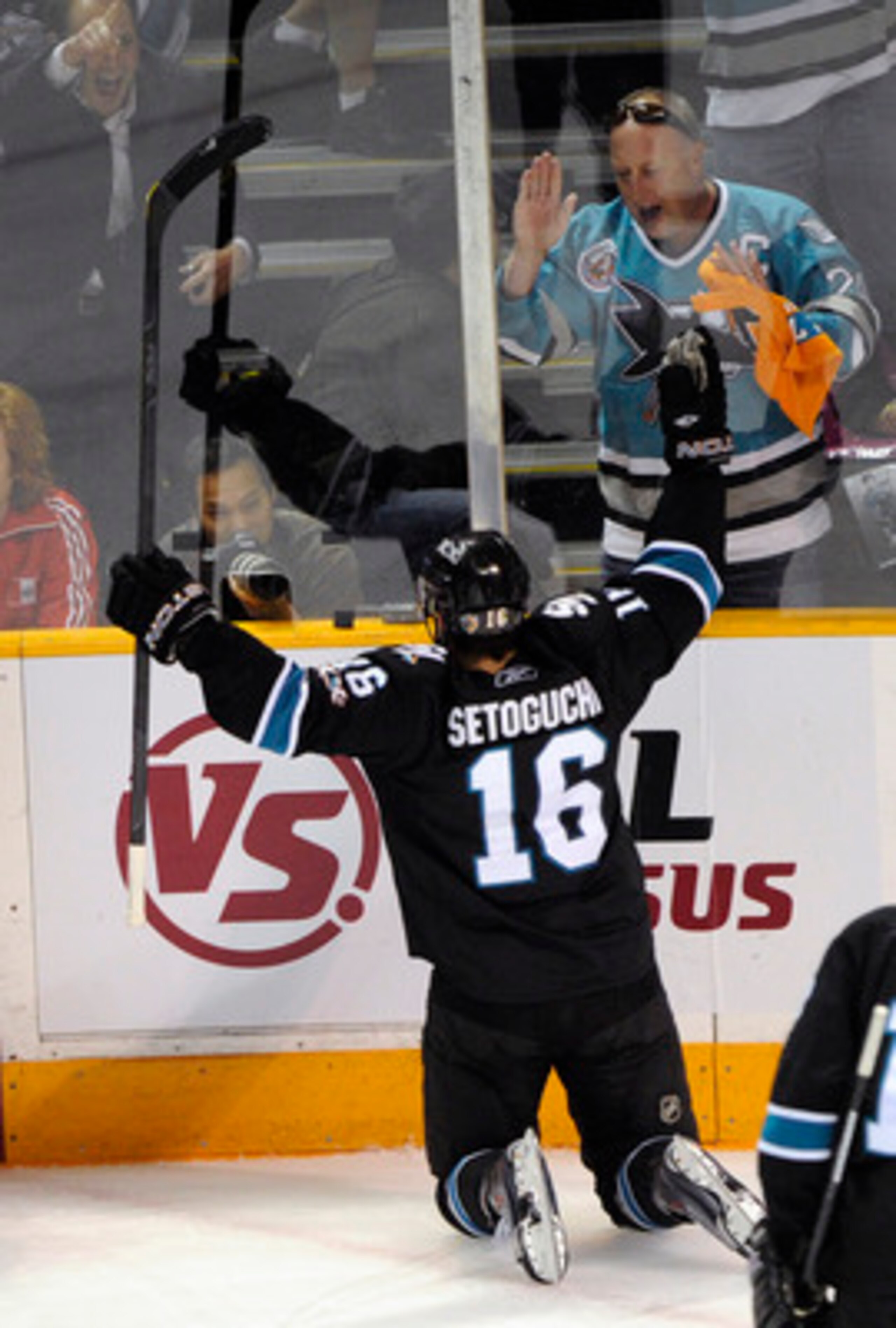 SAN JOSE, CA - MAY 12: Devin Setoguchi #16 of the San Jose Sharks celebrates after scoring a goal in the first period against the Detroit Red Wings in Game Seven of the Western Conference Semifinals  during the 2011 NHL Stanley Cup Playoffs at the HP Pavi