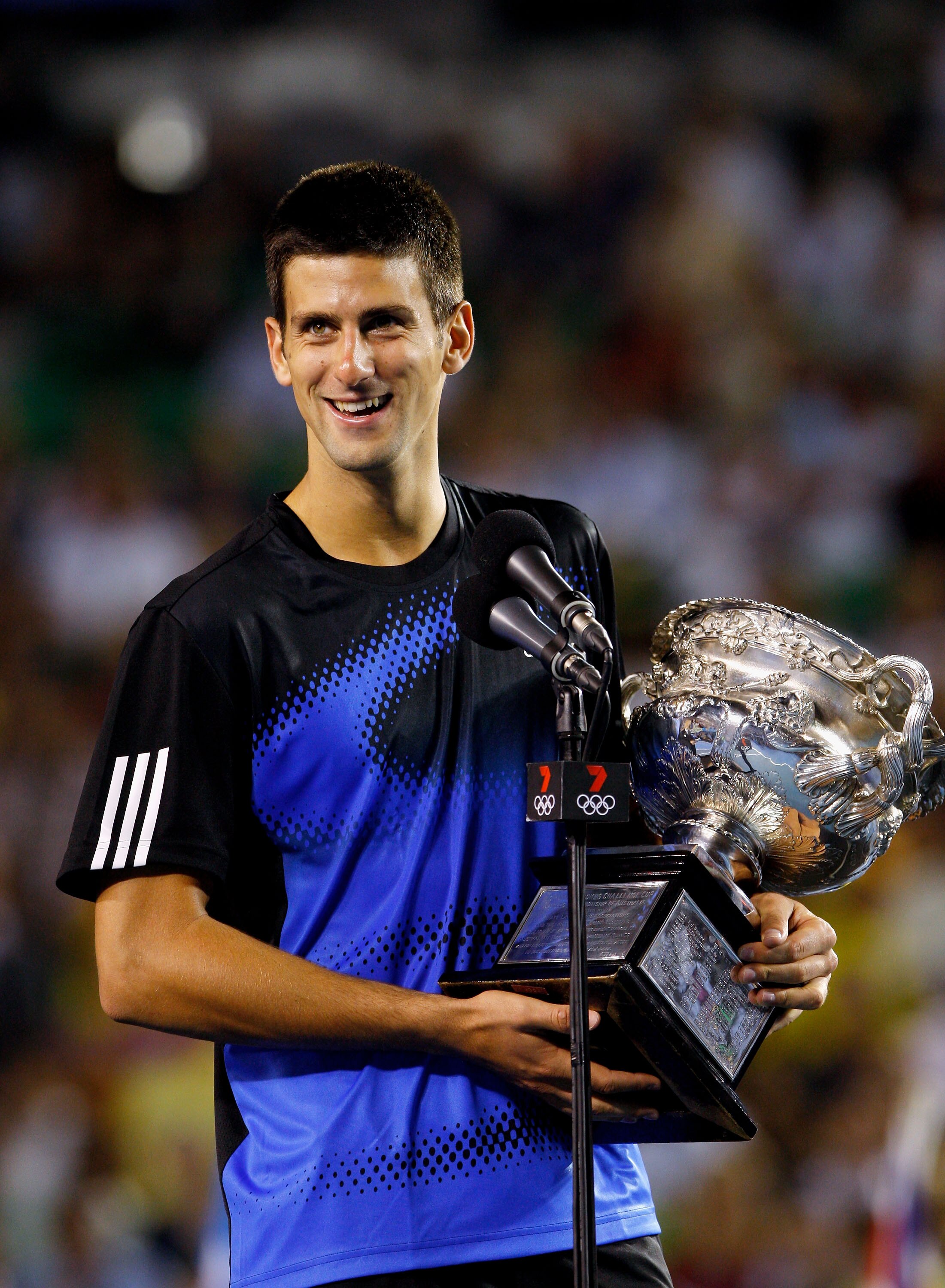 MELBOURNE, AUSTRALIA - JANUARY 27:  Novak Djokovic of Serbia makes a speech after winning the men's final match against Jo-Wilfried Tsonga of France on day fourteen of the Australian Open 2008 at Melbourne Park on January 27, 2008 in Melbourne, Australia.