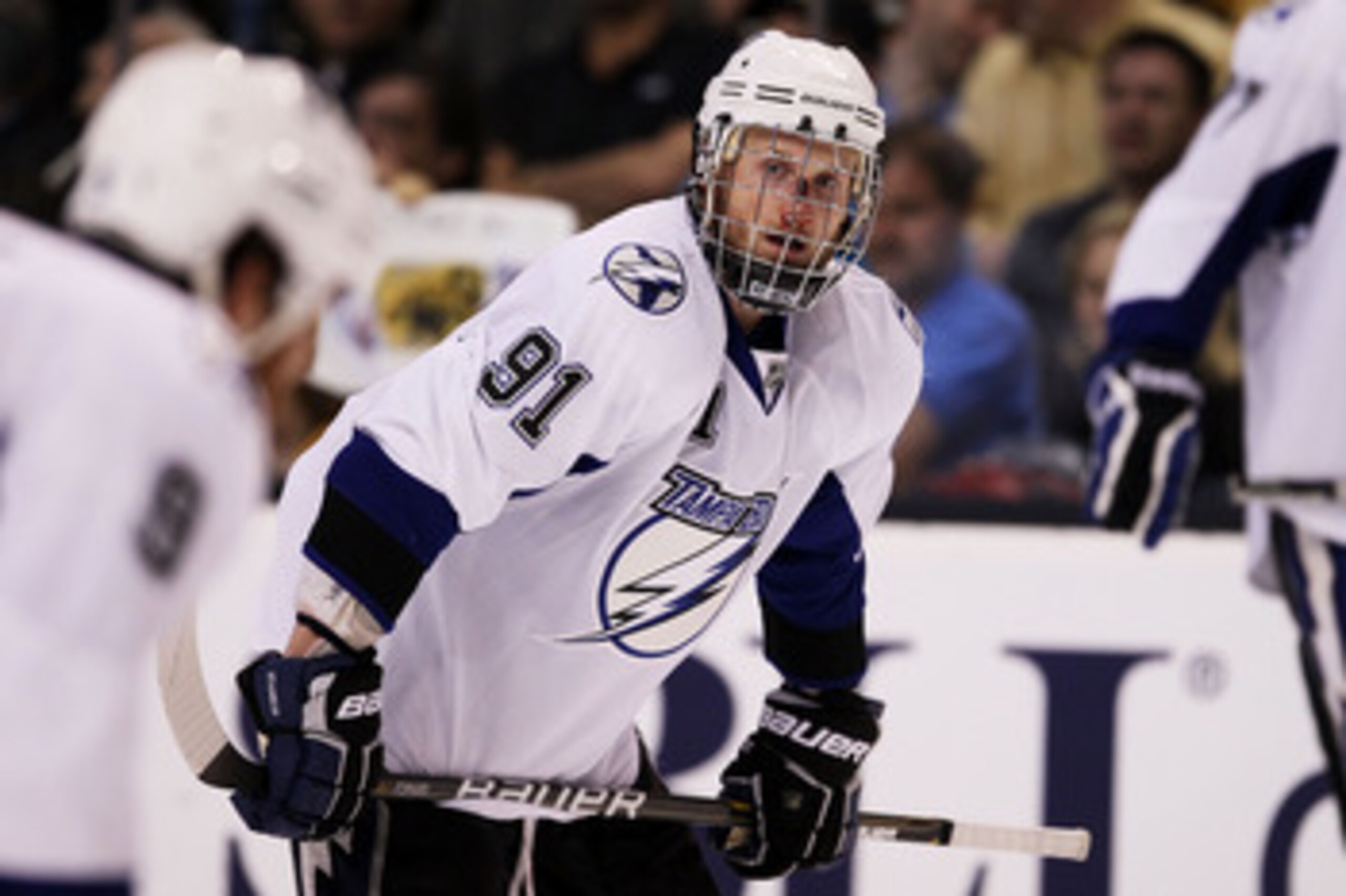 BOSTON, MA - MAY 27:  Steven Stamkos #91 of the Tampa Bay Lightning returns to the game after being hit in the face with a puck in Game Seven of the Eastern Conference Finals against the Boston Bruins during the 2011 NHL Stanley Cup Playoffs at TD Garden