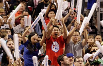 PHILADELPHIA, PA - APRIL 24: Philadelphia 76ers fans cheer during the second half of their 86-82 win over the Miami Heat in Game Four of the Eastern Conference Quarterfinals in the 2011 NBA Playoffs at Wells Fargo Center on April 24, 2011 in Philadelphia,
