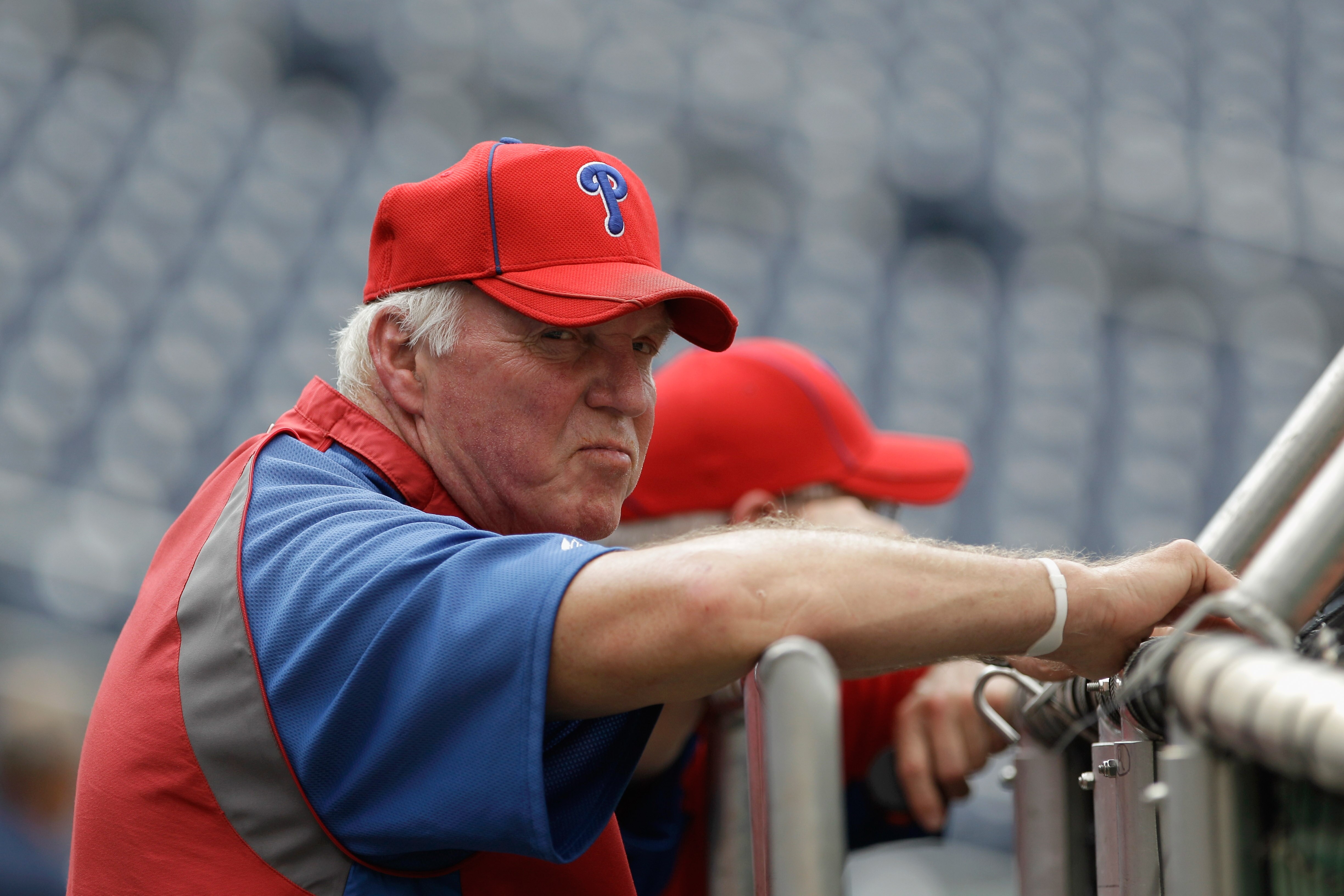 WASHINGTON, DC - MAY 31: Manager Charlie Manuel #41 of the Philadelphia Phillies watches his team take batting practice before the start of their game against the Washington Nationals   at Nationals Park on May 31, 2011 in Washington, DC.  (Photo by Rob C