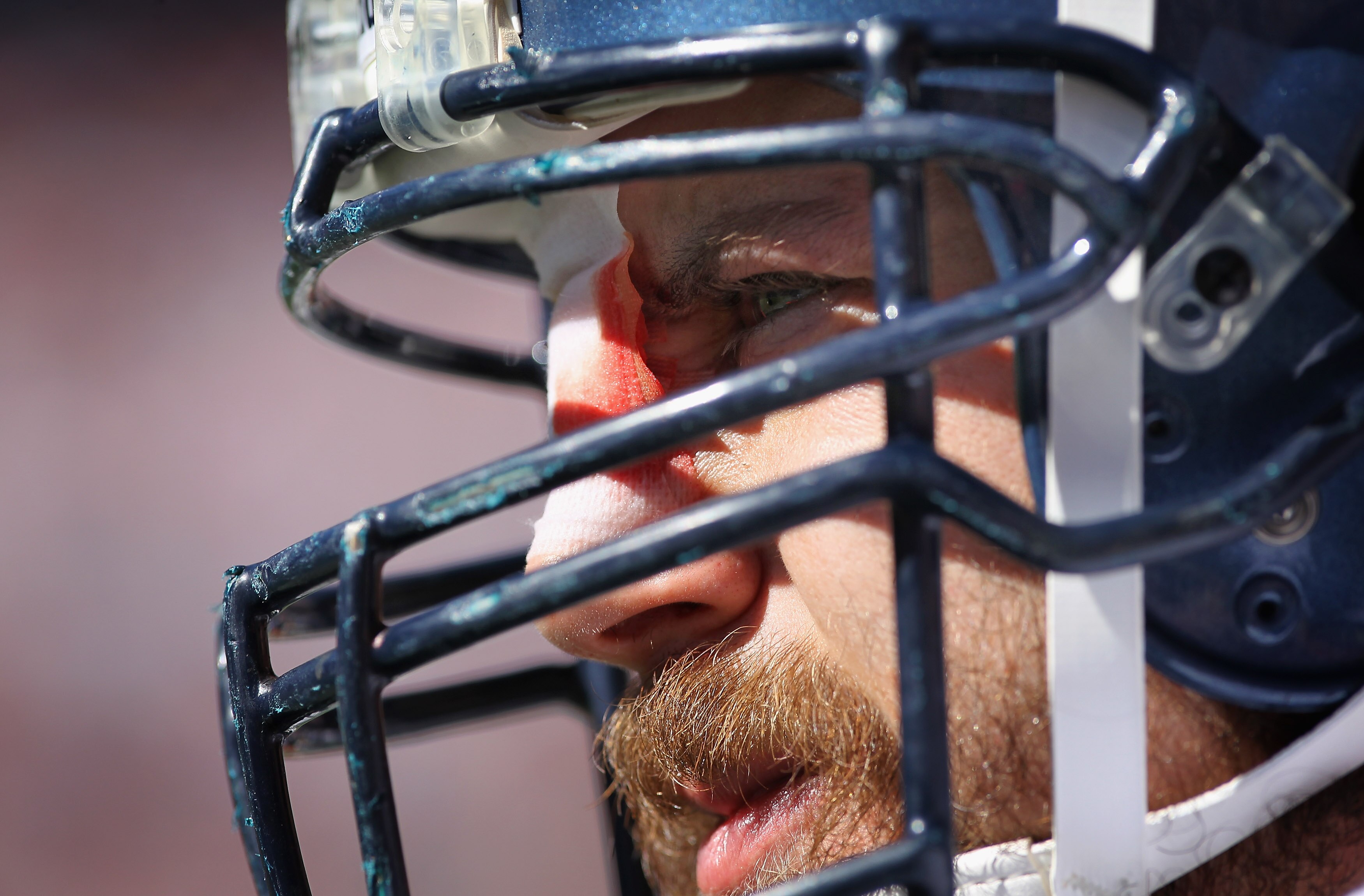 DENVER - SEPTEMBER 19:  Offensive lineman Ben Hamilton #50 of the Seattle Seahawks waits to take the field against the Denver Broncos with a bandaged nose at INVESCO Field at Mile High on September 19, 2010 in Denver, Colorado. The Broncos defeated the Se