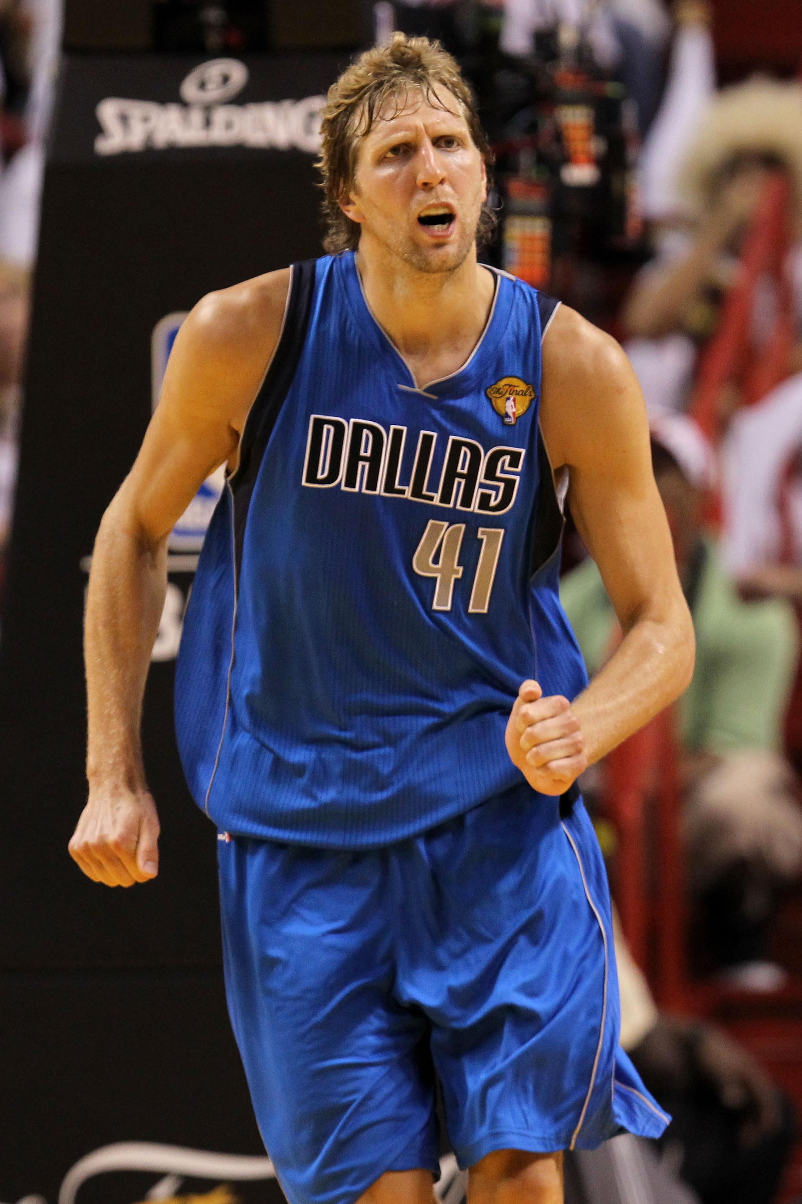 MIAMI, FL - MAY 31: Dirk Nowitzki #41 of the Dallas Mavericks reacts in the second half while taking on the Miami Heat in Game One of the 2011 NBA Finals at American Airlines Arena on May 31, 2011 in Miami, Florida. NOTE TO USER: User expressly acknowled MIAMI, FL - MAY 31: Dirk Nowitzki #41 of the Dallas Mavericks reacts in the second half while taking on the Miami Heat in Game One of the 2011 NBA Finals at American Airlines Arena on May 31, 2011 in Miami, Florida. NOTE TO USER: User expressly acknowled