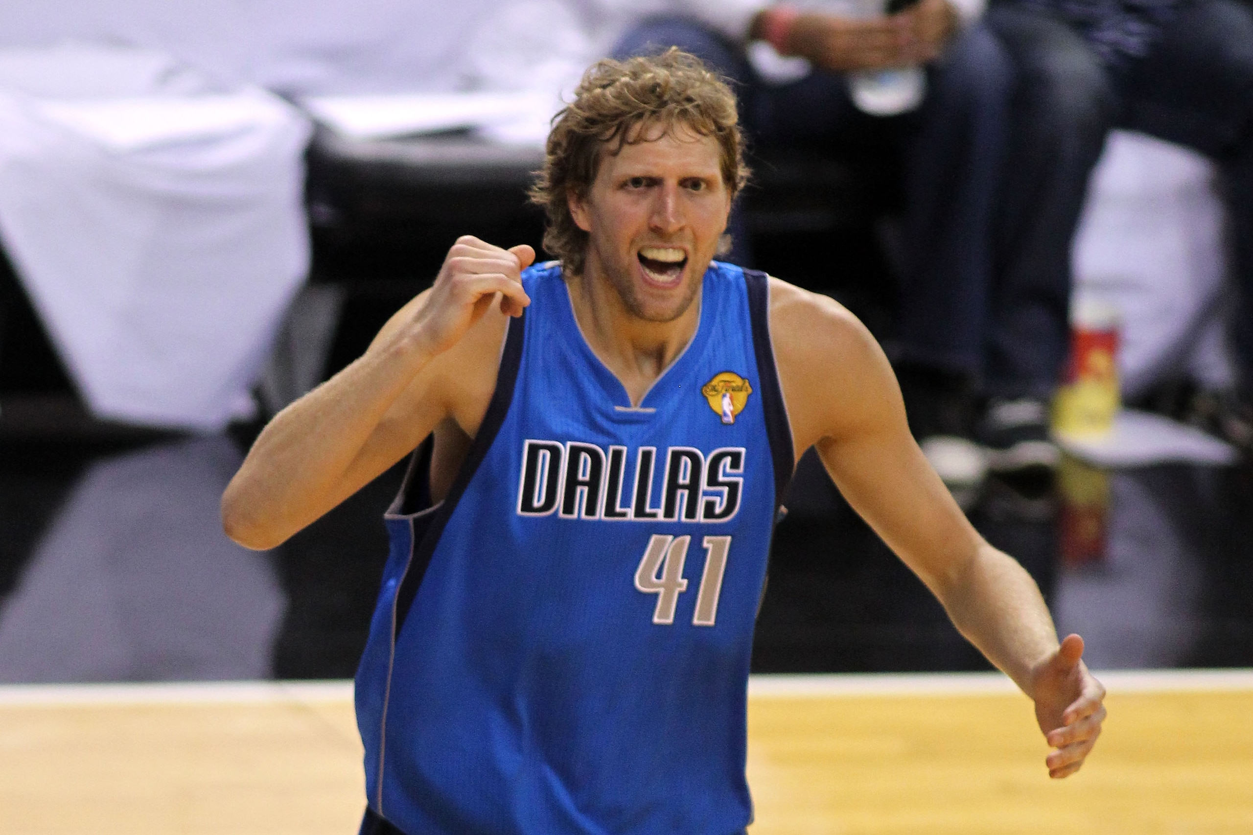 MIAMI, FL - MAY 31: Dirk Nowitzki #41 of the Dallas Mavericks reacts while taking on the Miami Heat in Game One of the 2011 NBA Finals at American Airlines Arena on May 31, 2011 in Miami, Florida. NOTE TO USER: User expressly acknowledges and agrees that MIAMI, FL - MAY 31: Dirk Nowitzki #41 of the Dallas Mavericks reacts while taking on the Miami Heat in Game One of the 2011 NBA Finals at American Airlines Arena on May 31, 2011 in Miami, Florida. NOTE TO USER: User expressly acknowledges and agrees that