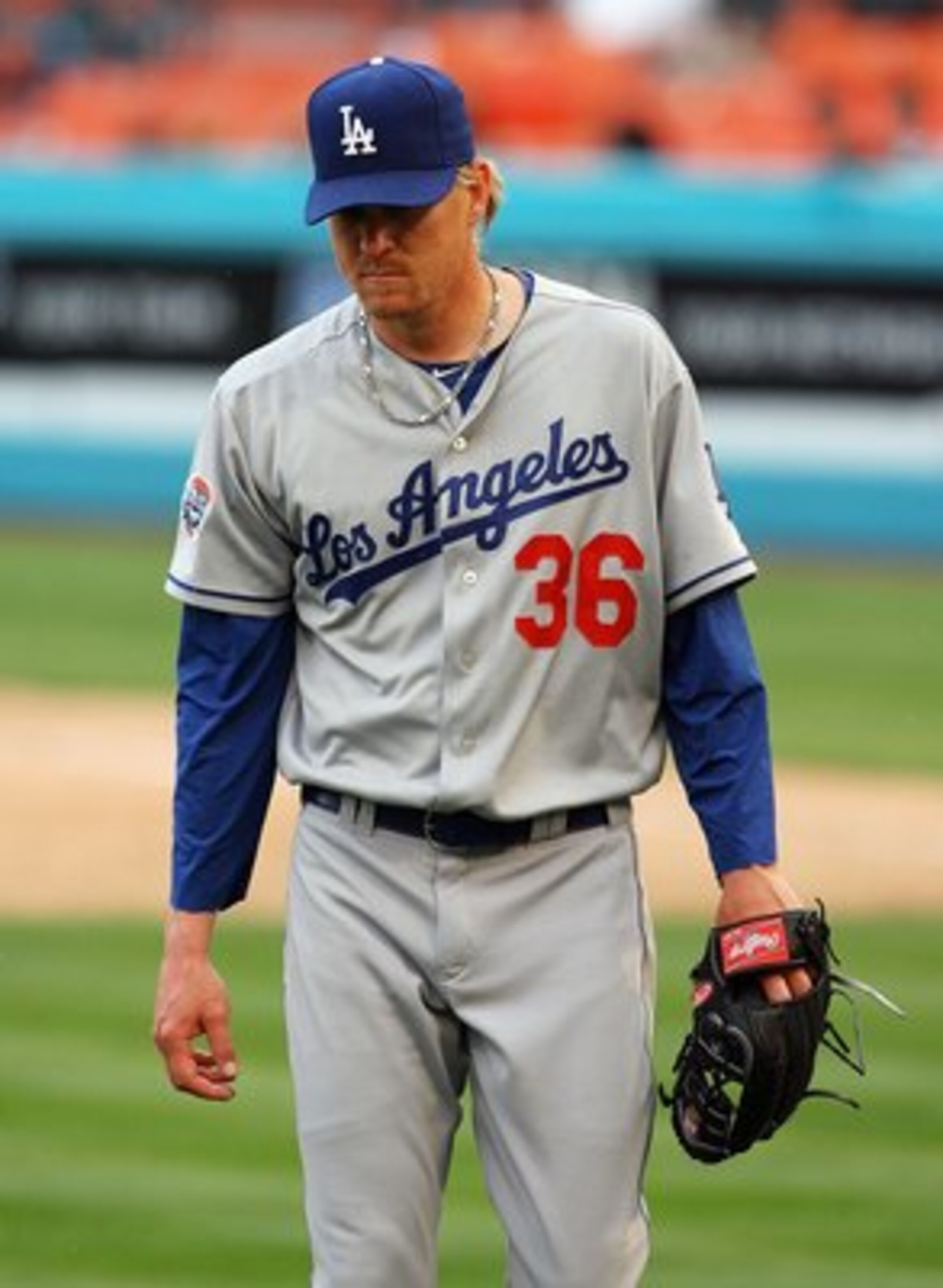 MIAMI - APRIL 11:  Relief pitcher Jeff Weaver #36 of the Los Angeles Dodgers walks off the field after giving up two runs against the Florida Marlins at Sun Life Stadium on April 11, 2010 in Miami, Florida. The Marlins defeated the Dodgers 6-5.  (Photo by