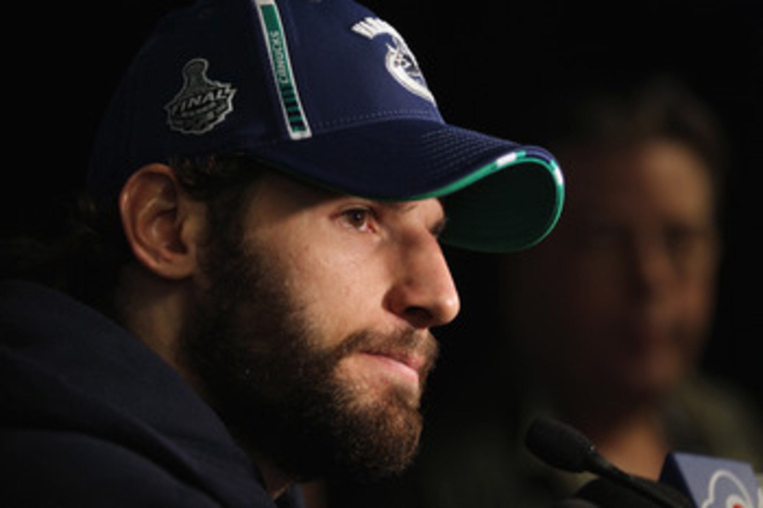 VANCOUVER, BC - MAY 31:  Ryan Kesler #17 of the Vancouver Canucks meets with the media following a practice session the day before the opening game of the 2011 NHL Stanley Cup Finals at the Rogers Arena on May 31, 2011 in Vancouver, Canada.  (Photo by Bru