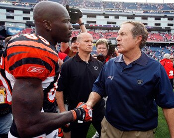 FOXBORO, MA - SEPTEMBER 12:  Coach Bill Belichick of the New England Patriots shakes hands with Chad Ochocinco #85 of the Cincinnati Bengals at the completion of  the NFL season opener at Gillette Stadium on September 12, 2010 in Foxboro, Massachusetts. T