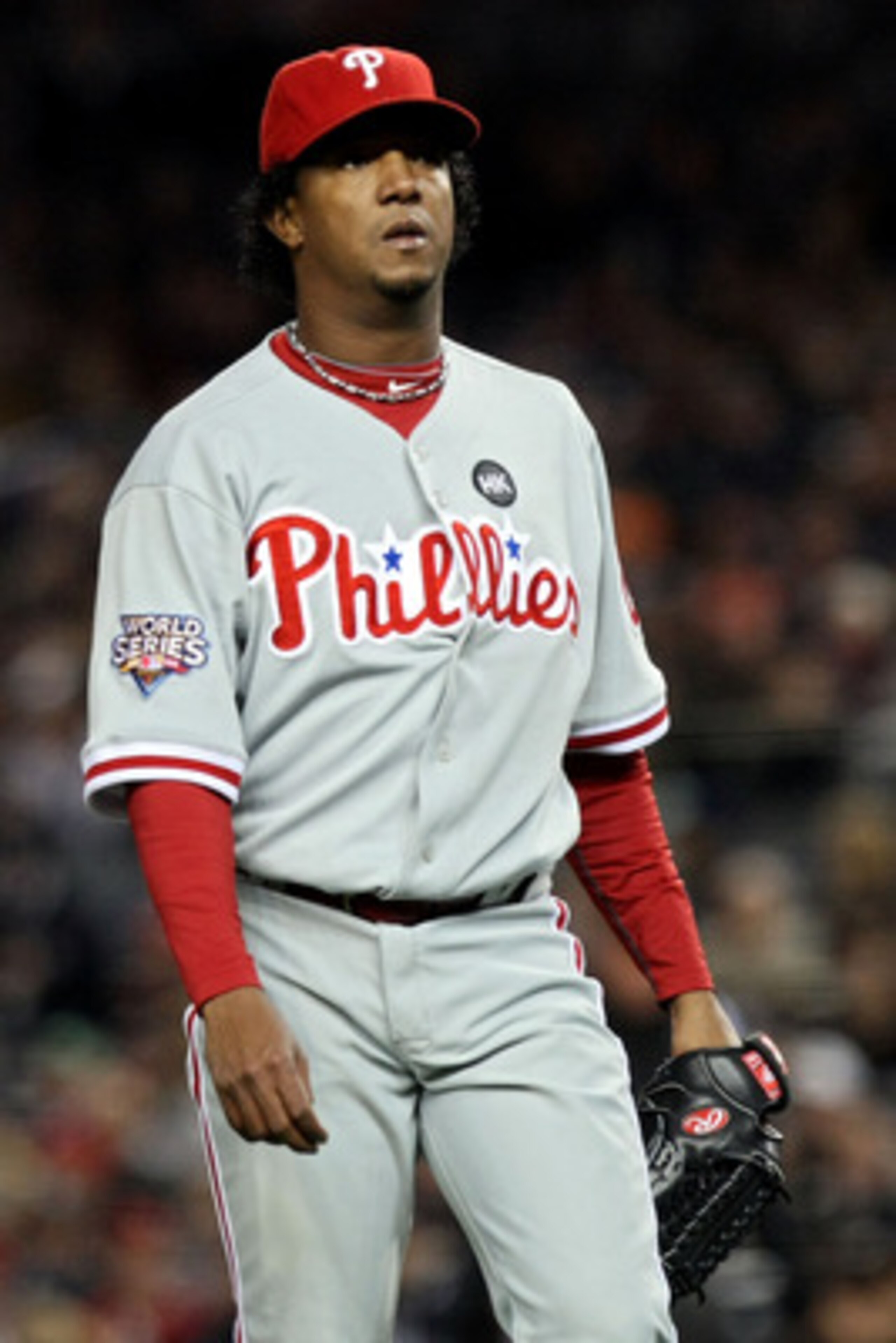 NEW YORK - NOVEMBER 04:  Pedro Martinez #45 of the Philadelphia Phillies walks back to the dugout at the end of the bottom of the second inning against the New York Yankees in Game Six of the 2009 MLB World Series at Yankee Stadium on November 4, 2009 in
