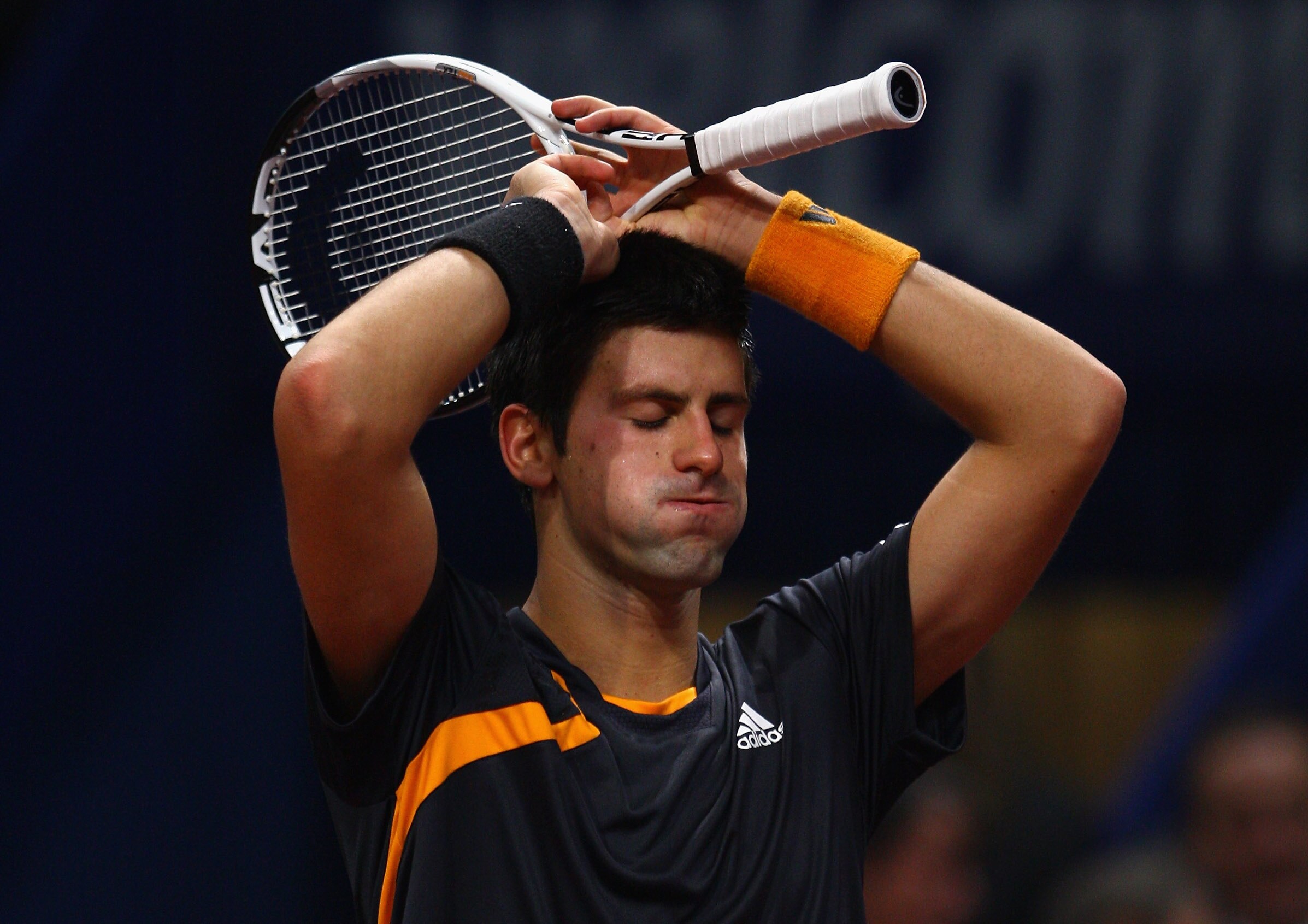 BASEL, SWITZERLAND - NOVEMBER 08:  Novak Djokovic of Serbia celebrates at match point after defeating Roger Federer of Switzerland in the final during Day Seven of the Davidoff Swiss Indoors Tennis at St Jakobshalle on November 8, 2009 in Basel, Switzerla